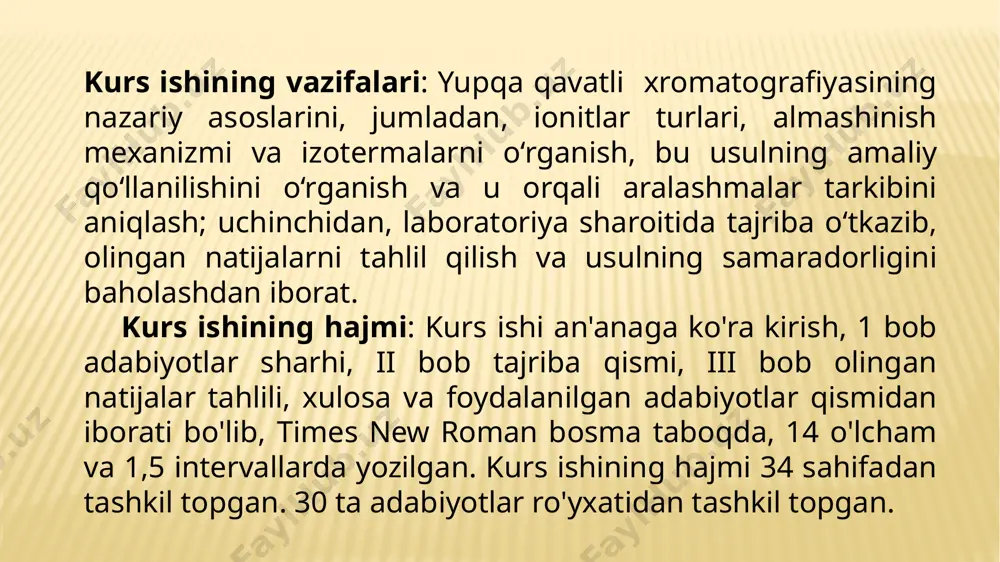 atografiyasi haqida umumiy ma’lumotlar yupqa qavat xromatografiyasi n.a. izmaylov va m.s. shrayber tomonidan 1938 yilda yaratilgan bo’lsa ham, u faqat oxirgi yillarda keng qo’llanila boshladi. yupqaqavat xromatografiyasini murakkab ob‟ektlardagi noorganik va organik moddalarning tarkibini o`rnatishda va miqdorini aniqlashda ishlatiladi. tahlil bir-necha bosqichdan iborat: namuna va plastinkani tayyorlash; xromatografik kamerani tayyorlash; namuna komponentlarini bir-biridan ajratish; plastinka yuzasidan elyuentni yo’qotish; detektorlash; sifat va miqdor analizini amalga oshirish. ii-bob: tajribaviy qism 2.1. xromatografiyada ishlatiladigan asboblar va texnik vositalar xromatografiya zamonaviy analitik kimyoning asosiy ustun metodlaridan biri bo‘lib, uning muvaffaqiyatli qo‘llanilishi asosan foydalanilayotgan asbob-uskunalar va texnik vositalarning sifatiga, aniqligiga va zamonaviyligiga bog‘liq bo‘ladi. xromatografik tahlil jarayoni murakkab fizik-kimyoviy jarayonlarni o‘z ichiga olganligi sababli ushbu metodda qo‘llaniladigan asboblar ham har bir bosqich uchun maxsus ishlab chiqilgan va aniqlik bilan sinchkovlikni ta’minlay olishi lozim. xromatografiyada qo‘llaniladigan asboblar va texnik vositalarni umuman olganda bir nechta asosiy komponentlarga bo‘lish mumkin: statsionar fazani joylashtirish tizimi (ustun yoki plastinka), harakatlanuvchi …