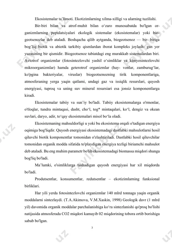 arni sintezlaydi. (t.a.akimova, v.m.xaskin, 1998) geologik davr (1 mlrd yil) davomida organik moddalar parchalanishiga ko‘ra sintezlanishi qo'proq bo'lishi natijasida atmosferada co2 miqdori kamayib 02 miqdorining tobora ortib borishiga sabab bo'lgan. produtsentlar avtotrof organizm bo'lib, qumqlikdagi va suvdagi yashil o'simliklardan tashkil topgan. tayyorlangan organik moddalarning bir qismi konsumentlar (o'txo'r hayvonlar) tomonidan iste’mol qilinadi, keyingilari esa o'z navbatida go'shtxo'r hayvonlar va odamlar uchun oziq hisoblanadi. redutsentlar ham geterotroflar hisoblanib, ular asosan mikroorga- nizmlardan tashkil topgan. ulac ishtirokida hayvon va o'simliklarning qoldiqlari (o'lik tanasi) parchalanib organik moddalarga aylanadi, organik moddalarni oddiy anorganik moddalargacha parchalaydi. organik moddalarning ko'p qismi darhol parchalanmaydi, yog'och, tuproqning organik qismi, suvdagi cho'kmalar sifatida saqlanadi. keyingi yillarda texnika va sanoatning jadal rivojlanishi natijasida bu jarayonning aksi ro‘y berish xavfi paydo boimoqda. bu hodisa sayyora iqlimining o‘zgarishiga olib kelishi mumkin. biosfera xaqida ta’limot. biosfera xaqida umumiy tushuncha biosfera (yunoncha «bios» — hayot, «sfera» — shar so'zlaridan olin- gan). biosfera tirik organizmlar …