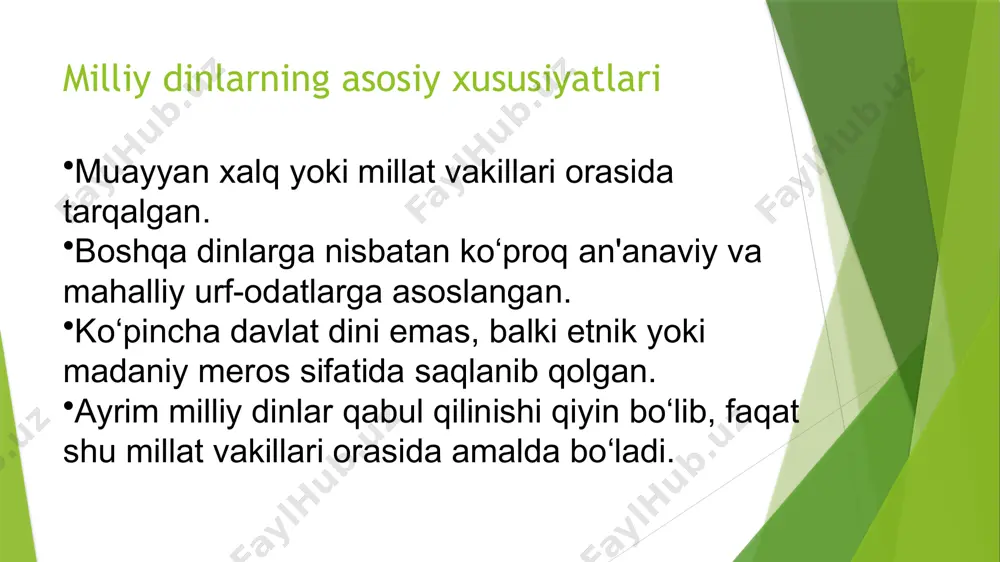 uddizm yaponiyada birga yashaydi milliy dinlarning boshqa dinlar bilan aloqasi milliy dinlar va jahon dinlari o‘rtasida tarix davomida ko‘plab o‘zaro ta’sirlar bo‘lib o‘tgan: yahudiylik va xristianlik – yahudiylik asosida xristianlik shakllangan. zardushtiylik va islom – islomda ezgulik va yovuzlik kurashi g‘oyasi qisman zardushtiylikdan kelib chiqqan. hinduiylik va buddizm – buddizm hinduiylikning muayyan falsafiy tamoyillaridan rivojlangan. milliy dinlar va tabiat ko‘pgina milliy dinlar tabiat bilan bog‘liq bo‘lib, ularning asosiy qadriyatlarida quyidagilar aks etadi: shintoizm – tabiatga sig‘inish, tog‘lar, daryolar va daraxtlarni muqaddas deb bilish. tengrichilik – osmon xudosiga sig‘inish va tabiatni hurmat qilish. hinduiylik – muqaddas daryolar (gang), muqaddas hayvonlar (sigir) va tabiatni ilohiylashtirish.