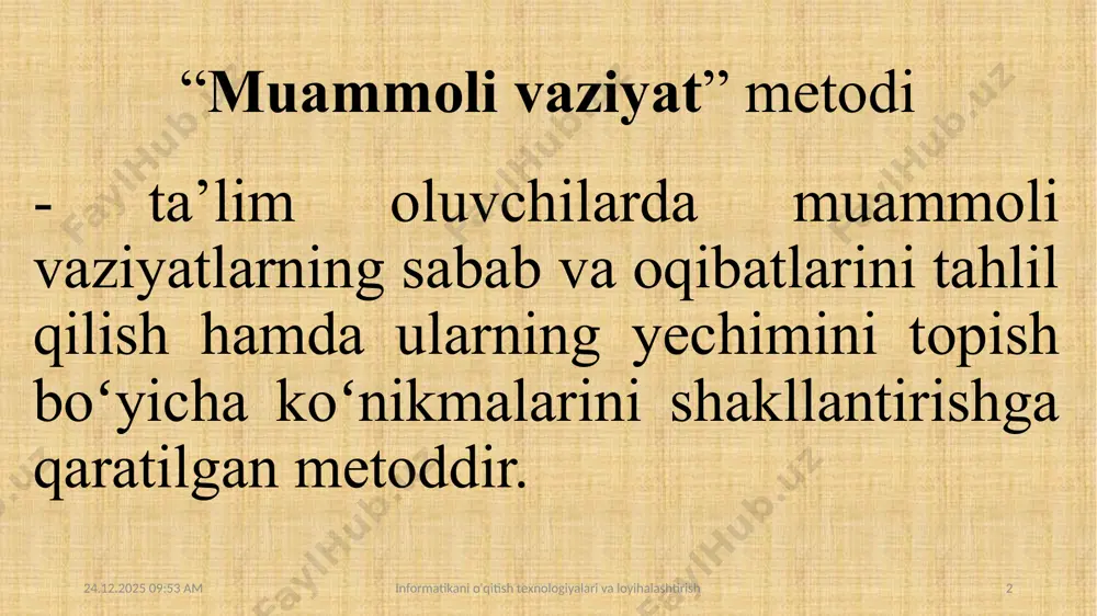 ziyat tasnifini keltirish; guruhlarga boʻlish; guruhlarning muammoli vaziyatning kelib chiqish sabablarini aniqlashi; guruhlarning muammoli vaziyatning oqibatlari toʻg’risida fikr yuritishi; toʻg’ri yechimlarni tanlash; 05.05.2022 21:49 informatikani o'qitish texnologiyalari va loyihalashtirish 5 “keys-stadi” haqida tushuncha “keys-stadi” inglizcha “case” – aniq vaziyat, hodisa, “study” – oʻrganmoq, tahlil qilmoq, ta’lim soʻzlarining birikuvidan hosil qilingan boʻlib, aniq vaziyatlarni oʻrganish, tahlil etish va ijtimoiy ahamiyatga ega natijalarga erishishga asoslangan ta’lim metodidir. 05.05.2022 21:49 informatikani o'qitish texnologiyalari va loyihalashtirish 6 mazkur metod muammoli ta’lim metodidan farqli ravishda real vaziyatlarni oʻrganish asosida aniq qarorlar qabul qilishga asoslanadi. agar u oʻquv jarayonida ma’lum bir maqsadga erishish yoʻli sifatida qoʻllanilsa, metod xarakteriga ega boʻladi, biror bir jarayonni tadqiq etishda bosqichma-bosqich, ma’lum bir algoritm asosida amalga oshirilsa, texnologik jihatni oʻzida aks ettiradi. 05.05.2022 21:49 informatikani o'qitish texnologiyalari va loyihalashtirish 7 keys-stadi metodining kelib chiqishi haqida ma’lumot ushbu metod dastlab 1920 yilda garvard biznes maktabida qoʻllanilgan. garvard biznes maktabining oʻqituvchilari biznes yoʻnalishidagi …