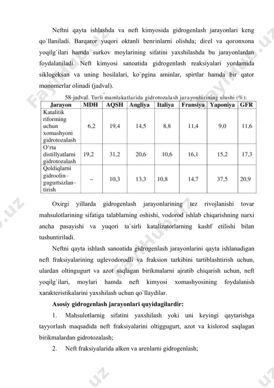 n parchalarning to`yinishi natijasida hosil bo`ladi, bunda oltingugurt, aгot va kislorod tegishli ravishda h2s, nh3 va h2o holida ajralib chiqadi. alkenlar qo`shbog` hisobiga vodorodni biriktiradi. politsiklik arenlar qisman gidrogenlanadi. oltingugurt saqlagan birikmalarni o`zgarishi. merkaptanlar uglevodorod va vodorod sulfidiga aylanadi: haroratning oshishi bilan (200-500 0c oralig`ida) merkaptan, sulfid va disulfidlarning muvozanat konstantasi oshadi, tetragidrotiofen va tiofenlarniki esa pasayadi. shuning uchun neft mahsulotlarining tiofen holidagi saqlanadigan oltingugurtdan chuqur tozalanishi faqatgina nisbatan past haroratda ( ikkilamchi alkilsulfidlar (4,3–4,4) > tiofen va uning hosilalari (3,8-4,1) > birlamchi alkilsulfidlar (3,2) > tiofenning hosilalari va diarilsulfidlar (1,1-2,0). bir sinf birikmalari doirasida gidrogenlash tezligi molekulyar massasining oshishi bilan kamayadi, ya`ni og`ir neft fraksiyalaridan oltingugurtni chiqarib yuborish yengil fraksiyalaridan ko`ra katta qiyinchilik bilan amalga oshadi. turli sinflarning induvidual oltingugurt saqlagan birikmalarning gidrotozalash sharoitida vodorod bilan o`гaro ta`sirlashishi birinchi tartibli reaksiya bo`yicha amalga oshadi. neft fraksiyasi gidrogenlanganda uning tarkibiga kiruvchi individual moddalar ham birinchi tartib bo`yicha reaksiyaga kirishadi, ammo …