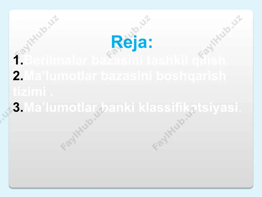ri qator belgilar bo‘yicha sinflanadi. universallik darajasiga ko‘ra mbbt universal va maxsus, mb esa – loyihaga bog‘liq yoki undan istisno bo‘lishi mumkin. universal mbbt turli dasturlarga ilova sifatida ishlatiladi, ma’lumotlar banki xususiyati bu holda mb tarkibi bilan belgilanadi. universal mbbtni turli muammoli vaziyatlarga qo‘llash uchun bazadagi ma’lumotlar strukturasi o‘zaro o‘xshash bo‘lishi kerak. maxsus mbbt aniq sohadagi ma’lumotlarga va ularning o‘ziga xos strukturasiga, hamda ularga ishlov berish amaliyotiga egadir. shuning uchun u hisoblash resurslaridan foydalanishda yuqori samara beradi. loyihaga bog‘liq mb joriy loyiha bo‘yicha ma’lumotlarni o‘z ichiga oladi va u tez-tez almashib turadi. loyihaga bog‘liq bo‘lmagan mb ko‘pincha arxiv deb yuritiladi va ko‘p loyihalarda ishlatiladigan ma’lumotlardan tuzilgan. ishlatilish ko‘lamiga ko‘ra mb integrallashgan (umumiy), lokal va alohida amaliy programmalar paketi mb turlariga farqlanadi. integrallashgan mb butun tizimga tegishli bo‘lib, unda barcha alt kichik tizimlarida ishlov beriladigan ma’lumotlar saqlanadi. integrallashgan mb orqali kichik tizimlar orasida ma’lumotlar almashinuvi joriy etiladi. integrallashgan mb lokal mb …