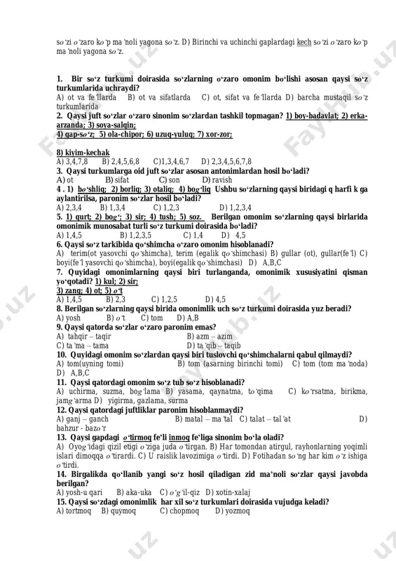 lingan. b) kechga yaqin tog‘ tomondan sovuq shamol esa boshladi. c) u har to‘g‘rida tinimsiz gapirib, gapni gapga ulab yuboradi. d) a va c 19. sinekdoxa yo‘li bilan ma’noning ko‘chishini aniqlang. a) yoshlarni fan cho‘qqilarini egallashga undadi. b) uning zehni juda o‘tkir, o‘zi tirishqoq edi. c) men ham tirnoqqa zor emasman.d) har bir kishining ko‘zi cho‘l tomonga tikilgan edi. 20. shirin xayollarga berildi gapidagi sifatda qanday ma’no ko‘chishi bo‘lgan? a) +metafora; b) metonimiya;c) sinekdoxa; d) vazifadoshlik; 21. quyidagi o‘xshatishlarning qaysi biri metafora yo‘li bilan hosil bo‘lgan? a) yong‘oq (daraxt ma’nosida) b) xazon bo‘lmoq (o‘lmoq ma’nosida) c) oqsoqol (katta ma’nosida) d) besh qo‘l (barmoq ma’nosida) 22.mehmon kelib, kasalning oyog‘iga o‘tirdi. ushbu gapdagi oyoq so‘zida qanday ma’no ko‘chishi sodir bo‘lgan? a) metafora b)+ metonimiya c) sinekdoxa d) vazifadoshlik 23. - nima qilay, aylanay? meni u eshikka qadam bostirishmaydi, ushbu gapda ko‘rsatilgan ma’no ko‘chishning turini aniqlang. a) metafora b) metonimiya c) sinekdoxa d) …