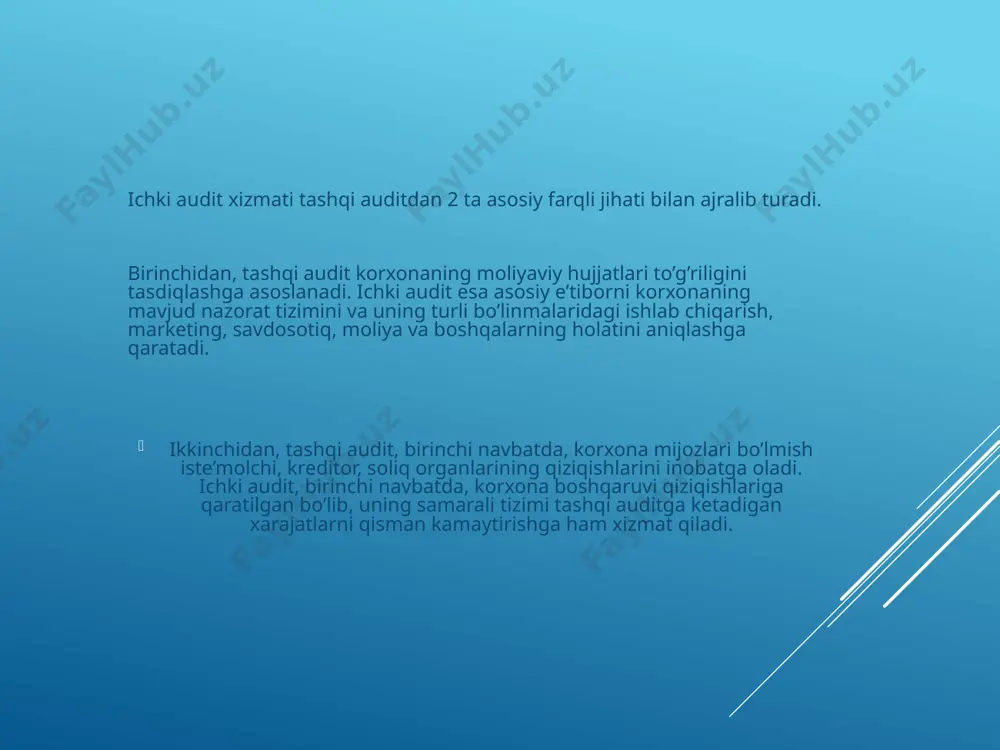 kompaniya vaziyatni nazorat qiladi ichki auditorlar maxsus komissiya, deb. ichki audit aniq afzalligi barcha axborot kompaniya ichida qoladi, va hech ruxsatsiz shaxslar unga kira olmaydi, deb, uning bepul shuningdek haqiqatdir. ichki audit xizmati korxonada yangi loyihalar ishga tushirilayotganda ichki va tashqi tavakkalchiliklar mavjudligini tahlil qilish, tavakkalchiliklarni minimallashtirish yo’lini topish, yuz berishi mumkin bo’lgan yo’qotishlarni kamaytirish ishlarida ham faol ishtirok etishi kerak. biroq, ichki audit o'z kamchiliklari bor test natijalari nihoyatda yuqori bo'ladi. komissiya turli idoralar tomonidan vakolatli xodimlari iborat, siz malakali va samarali tekshirish o'tkazishga kutish mumkin, agar ichki auditorlar komissiyasi kadrlar tanlash, ko'p qiyinchiliklar bilan bog'liq juda muhim bir zum, va faqat shu holda nima uchun, deb. auditorlik tashkilotining vakili, bir haq tashkilotning moliyaviy holatini tekshirish va maxsus maktubida aniqlangan har qanday buzilishi, ustida hisobot uchun majburiyatini - tashqi audit mustaqil ekspert tomonidan amalga oshiriladi auditorlik hisoboti. bu audit turi shubhasiz, yana ob'ektiv bo'lishi auditor, chunki - mustaqil ekspert, …