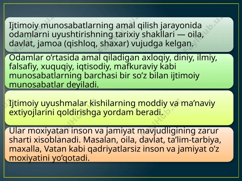 aksion davlat tizimi. shaxsning diktatorlik elementlari bilan uyg'unlashib ketadi. 3. demokratik jamiyat (yunon. xalq hokimiyati) - xalqning hokimiyat manbai ekanligi, davlat ishlarini hal qilishda qatnashishini bildiradi. ijtimoiy tuzilma - jamiyatning ijtimoiy asosini tashkil qiladi. 1) birlashma katta bir tizim (jamiyat)ning bir qismi bo'lmasa; 2) nikoh ushbu birlashma namoyandalari orasida tuzilsa; 3) birlashma bolalar tug'ilishi bilan to'ldirib borilsa; 4) shaxsiy hisoblangan hududga egalik qilinganda; 5) o'z nomi va tarixiga ega bo'lish; 6) o'z boshqaruv tizimiga ega bo'lish; 7) birlashma qadriyatlarning umumiy tizimi (urf-odat, an'ana me'yorlar, qonun-qoidalar) madaniyat asosida tashkil topadi. «jamiyat» tushunchasini (e.shilzga ko'ra) agar u quyidagi talablarga javob bersa, kishilar birlashmasiga nisbatan qo'llash mumkin: image1.jpeg image2.gif image3.png /docprops/thumbnail.jpeg