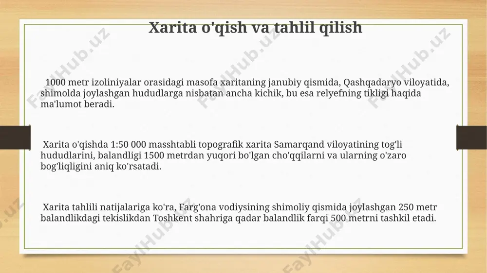 shmasligi kerak, bu esa farg'ona vodiysidagi tekisliklarga nisbatan ancha yuqori zichlikni anglatadi. 20 dan ortiq tuproq turi mavjud bo'lganda, xarita legendasida ularning 10 tasini asosiy belgi sifatida, qolganlarini esa qo'shimcha belgilar yordamida ko'rsatish tavsiya etiladi, bu esa samarqand viloyati kabi murakkab tuproq zonalari uchun muhimdir. inshootlar va yo'llarni tasvirlash inshootlarning balandligi va turi (masalan, 10 metrli minoralar yoki 5 metrli ko'priklar) topografik belgilarda har xil shakl va o'lchamdagi ramzlar bilan ifodalanadi, toshkent shahridagi inshootlar esa batafsilroq ko'rsatiladi. yo'llar topografik xaritalarda 1:50 000 masshtabda qalinligi 0,3 mm dan 0,7 mm gacha bo'lgan chiziqlar bilan tasvirlanadi, farg'ona vodiysidagi asfalt yo'llar esa qalinroq chiziqlar bilan belgilanadi. o'zbekistonning tog'li hududlarida joylashgan 2000 metrdan baland bo'lgan yo'llar va ular yaqinidagi inshootlar qalinroq chiziqlar va maxsus belgilar bilan ajratib ko'rsatiladi, bu esa xavfsizlikni ta'minlashga yordam beradi. balandlik chiziqlari va ularning xususiyatlari tekisliklarda, masalan, qoraqalpog'iston cho'llarida, balandlik chiziqlari kamroq zichlikda, masalan, har 20 metrda, joylashgan bo'lib, bu …