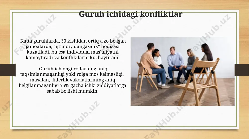 lib, bu guruh ichidagi norasmiy normani kuchayishiga olib keladi. katta guruhlarda ijtimoiy befarqlik (bystander effect) hodisasi ko'proq kuzatiladi, ya'ni 5 kishidan ortiq odamning guvoh bo'lishi ehtimoli yuqori bo'lganda, yordam berish ehtimoli kamayadi. guruh koheziyasi guruh koheziyasi a'zolarning bir-birlariga bo'lgan o'zaro bog'liqligi va qaramligini ifodalaydi, bu esa 5 dan 20 kishigacha bo'lgan guruhlarda eng yuqori darajaga yetadi. guruh koheziyasini oshirish uchun ishlatiladigan usullar, masalan, jamoaviy maqsadlar qo'yish va rahbarning samarali boshqarishi, guruh samaradorligini 30% ga oshirishi mumkin. guruhning rivojlanish bosqichlari normani yaratish bosqichida (2-bosqich) guruh ichidagi qoidalar va me'yorlar shakllanadi, bu esa guruhning koheziyasi va samaradorligiga ta'sir ko'rsatadi, odatda 3-5 kishidan iborat kichik guruhlarda tezroq sodir bo'ladi. guruhning faoliyat bosqichi (3-bosqich) guruhning asosiy vazifasini bajarishga va maqsadlarga erishishga qaratilgan bo'lib, bu bosqichda samarali muloqot va o'zaro hamkorlik muhim ahamiyat kasb etadi, guruhning hajmi bu samaradorlikka ta'sir qiladi. e'tiboringiz uchun rahmat @taqdimot_robot image7.jpg image8.jpg image9.jpg image10.jpg image11.jpg image12.jpg image13.jpg image14.jpg image15.jpg image16.jpg …
