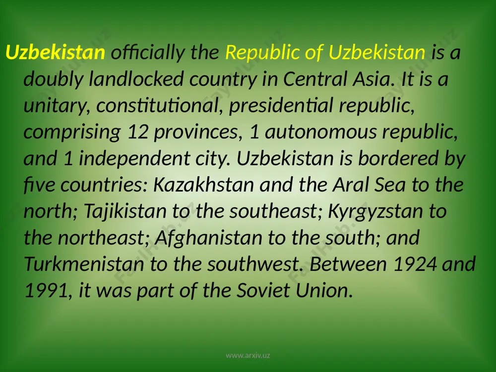 zbekistan www.arxiv.uz emblem of uzbekistan the state emblem of uzbekistan was adopted on july 2, 1992. the emblem is in the form of a circle and mainly bears the national colors blue, white, and green. on the left there is a cotton plant and to the right wheat borders the coat of arms, cotton and wheat are the two major agricultural products of the country. it is surmounted by the star of rub el hizb, a symbol of islam, which a majority of uzbeks profess. in the middle, a khumo, symbol of happiness and love of freedom, beats its wings. in the background a birds eye view of uzbekistan is painted. the rising sun over the mountains with its sun rays rounds off the image. the two rivers behind the bird, leading to the mountains, symbolize the amu darya and syr darya. www.arxiv.uz state anthem of uzbekistan the state anthem …