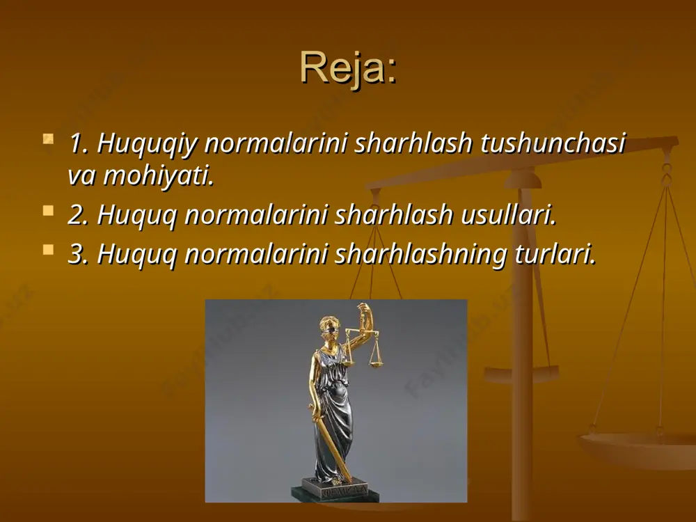 ga kiritmasligi bilan ajralib turadi. sharxlash sharxlash – huquqning mazmunini aniqlashdir, deb, xisoblash – huquqni tushuntirib berish kabi maxsus faoliyatni inkor etishdir. shuningdek, sharxlashni faqat huquqni mazmunini tushuntirib berish, deb xisoblash, har qanday tushuntirishga taaluqli bо`lgan fikrlash va bilish jarayonini inkor etishdir. biror narsaning mazmunini boshqalarga tushuntirib berishdan avval, uning о`zini yaxshilab tushunib olmoq lozim. shuning uchun aniqlash va tushuntirish huquqni sharxlash jarayonining о`zaro bog`liq ikki tomonidir. sharxlash iborasi lotincha interpratatsiya tushunchasiga tо`g`ri keladi. huquqni sharhlash bilan shug`ullanuvchi shaxs esa sharxlovchi deb yuritiladi. sharxlashning birinchi belgisini aniqlash deyish mumkin. shunday qilib, sharxlash normativ aktlarda berilgan ibora va atamalarni ahamiyati va mazmunini aniqlash orqali huquq normalarining mazmunini aniqlab olishdir. sharxlash – aniqlash sharxchining ongidan tashqariga chiqmaydigan bilish jarayonini ifoda etadi. u sharxlashning bilish tabiatini kо`rsatadi. huquqni sharxlash – uning mazmuni, maqsadi, ijtimoiy vazifasi, amaliy ahamiyatini aniqlash va tushuntirib berishdir. huquqni sharxlash – uning mazmuni, maqsadi, ijtimoiy vazifasi, amaliy ahamiyatini aniqlash va …