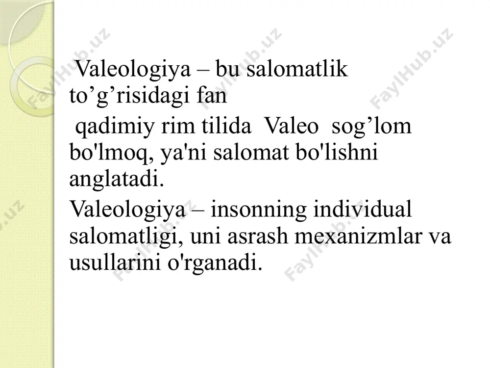 yaxshi moslashuvchanlik imkoniyatlari yuqori xayot extimoli qoniqarli moslashuvchanlik imkoniyatlari cheklangan moslashuvchanlik imkoniyatlari qoniqarsiz tavsiyalar: turmush tarzining ijobiy me'yorlariga rioya etish maxsus sog’lomlashtirish dasturlari. davriy tekshiruvlar. birlamchi profilaktika va reabilitatsion dasturlar maxsus sog’lomlashtirish va reabilitatsion dasturlar ikkilamchi profilaktika. mutaxassis tekshiruvi. organizma yangi faoliyat darjasiga o'tkazish. organizmning rezerv imkoniyatlarini oshirish. sttni shakllantirishda individuallik individual sog’lomlashtirish dasturlari valeogenez – salomatlik mexanizmlarini o'rganish, turli kasalliklarni oldini olish, xayot sifati va davomiyligini oshirishga asoslangan. asosiy ko'rsatkichlaridan (mezonlardan) biri salomatlik darajasini oshirish (miqdor, indeks) xisoblanadi. donozologik tashxis –inson salomatlik darajasini miqdoriy baxolash organizmning regulyator tizim imkoniyatlari, atrof muqitga moslashuvchanlik darajasini aniqlash va odam salomatlik indeksini (darajasi) xisoblashga asoslangan. шундай қилиб, умумий қабул қилинган модельдан донозологик ташхис модели фарқи, инсоннинг саломатлик даражасини баҳоловчи янги ташхис принципы яратилди. шундан келиб чиқиб, иккита асосий ҳисобланган касалликларни даволаш ва олдини олиш йўналишларига соғлиқни сақлаш тизимининг учинчи йўналиши – инсонларнинг ва бутун аҳолининг саломатлигини мустаҳкамлаш ва мониторингини олиб бориш қўшилади. республикада …