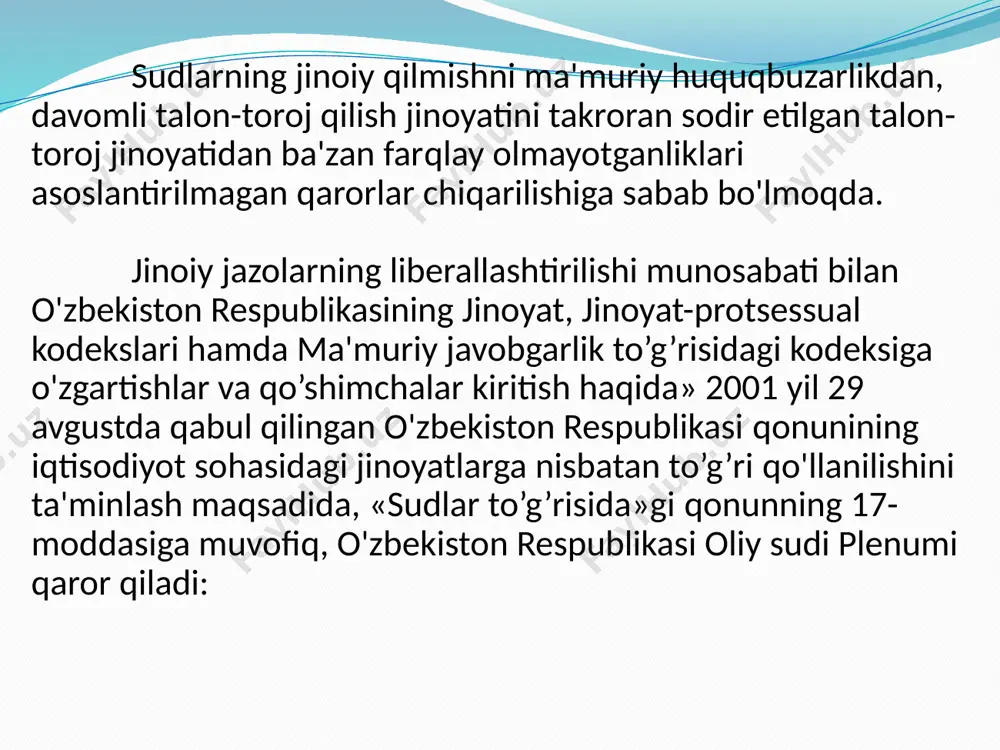 ik uchun ozodlikdan mahrum etish tariqasidagi jazo homilador ayollarga va uch yoshga to`lmagan bolalari bor ayollarga nisbatan, shuningdek qonun hujjatlariga muvofiq yoshga doir pensiyaga chiqish huquqiga ega bo`lgan shaxslarga nisbatan tayinlanmaydi». shuningdek, ushbu qonunga ko`ra, jinoyat sodir etgan ayollarga nisbatan ozodlikdan mahrum qilish jazosini ijro etish koloniyalari turlari o`zgartirildi. agar ushbu qonun qabul qilinguniga qadar, ozodlikdan mahrum qilish jazosini o`ta og`ir jinoyat uchun va o`ta xavfli retsidivist deb topilganlarga qattiq tartibli, ehtiyotsizlik oqibatida uncha og`ir bo`lmagan jinoyat sodir etganlarga jazoni manzil-koloniyalarda va boshqa jinoyatlar uchun jazoni umumiy tartibli koloniyalarda o`tash nazarda tutilgan edi. foydalanilgan adabiyotlar: 1. o‘zbekiston respublikasi konstitutsiyasi 2. o‘zbekiston respublikasi jinoyat kodeksi 3. o‘zbekiston respublikasi oliy sudining qarorlari web-sayt : 1. lex.uz bajardi: 415-14-guruh talabasi raximjonov qobiljon e’tiboringiz uchun rahmat