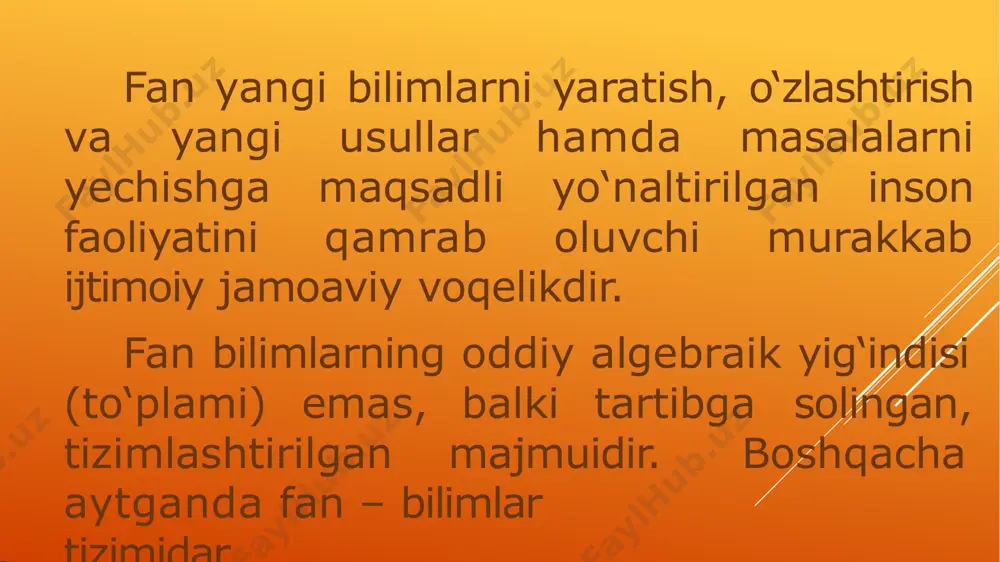 miy faoliyat obyekti va ilmiy faoliyat yuritish uchun kerakli shart- sharoitlarga ega bo‘lishi kerak. fan har bir mamlakat iqtisodiyotini va jamiyat taraqqiyotini negizi hisoblanuvchi ilmiy texnik taraqqiyot rivojlanishini ta’minlovchi intellectual boylik (kuch) hisoblanadi. uzoq o‘tmishda yashab ijod qilgan ajdodlarimiz jahon sivilizatsiyasiga, fanning rivojlanishiga katta hissalarini qo‘shganliklarini yodimizda doimo saqlashimiz kerak. qadim turkiston eli o‘zining buyuk siymolari va ko‘p qirrali ijodi bilan fanning rivojlanishiga salmoqli hissa qo‘shgan buyuk ajdodlarimiz bilan haqli ravishda faxrlansak arziydi. image1.png image2.jpg