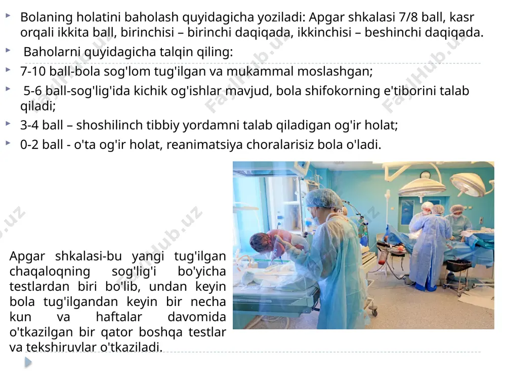 zimining tug'ma nuqsonlari, intrakranial qon ketish bilan bog'liq o'pka nafas olish qiyinlishuvidir. asfiksiya holatida tug'ilgan bolalar quyidagilarni talab qiladi yangi tug'ilgan chaqaloqning engil va o'rtacha darajadagi asfiksiyasi bilan nazofarenks, og'iz bo'shlig'i va oshqozon tarkibidagi aspiratsiya amalga oshiriladi; o'pkalarni niqob bilan yordamchi shamollatish; kindik venasiga og'irligi bo'yicha 20% glyukoza va kokarboksilaza eritmasini kiritish. agar yangi tug'ilgan chaqaloqning o'rtacha darajadagi asfiksiyasi bilan, tadbirlardan keyin o'z-o'zidan nafas olish tiklanmasa, traxeya intubatsiyasi amalga oshiriladi, nafas olish yo'llaridan tarkib aspiratsiya qilinadi va apparat ventilyatori o'rnatiladi. bundan tashqari, natriy bikarbonat eritmasi tomir ichiga yuboriladi. yangi tug'ilgan chaqaloqlarning og'ir asfiksiyasi, shuningdek, bradikardiya yoki asistol bilan ventilyatsiyani talab qiladi – yurakning tashqi massaji, glyukoza, kokarboksilaza, prednizolon (gidrokortizon), adrenalin, kaltsiy glyukonat kiritilishi. asfiksiya bilan erta tug'ilgan chaqaloqlarni reanimatsiya qilish to'liq tug'ilgan chaqaloqlarda reanimatsiya sxemasidan biroz farq qiladi. kelajakda asfiksiyani boshdan kechirgan yangi tug'ilgan chaqaloqlar intensiv kuzatuv va terapiyani talab qiladi: kislorodni qo'llab-quvvatlash, kranioserebral gipotermiya, eritmalar, vitaminlar infuzioni, simptomatik davolash.\ …