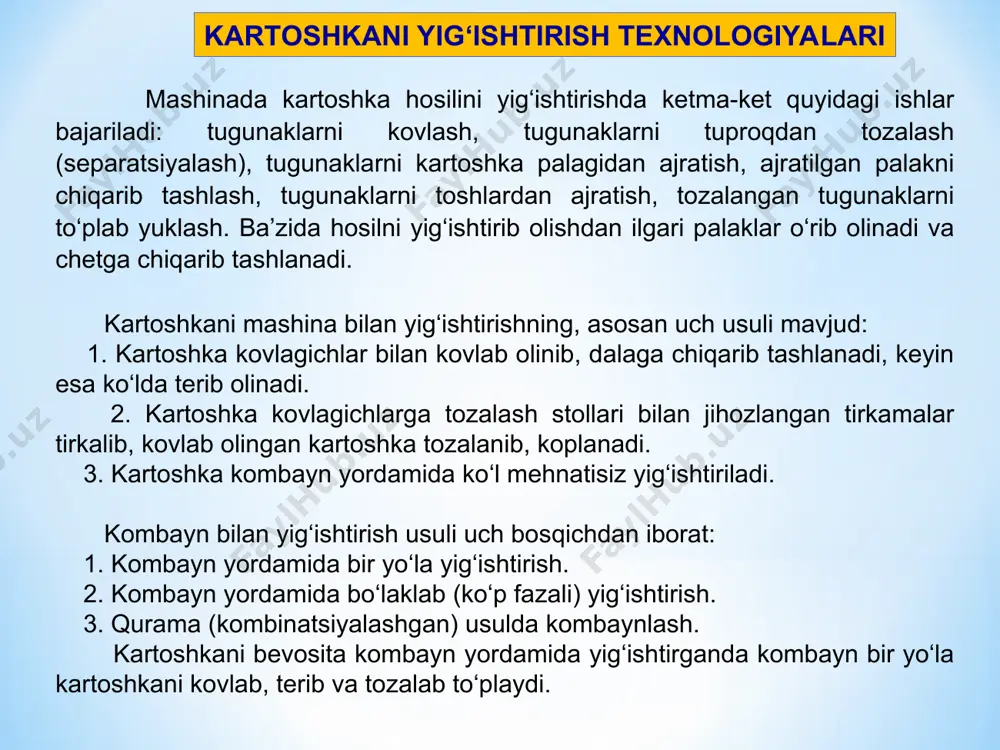 nlangan kovlash chuqurligidan 2 sm dan ortiq farq qilmasdan yurishi kerak. . * kartoshka yig‘ishtirish mashinasining turlari va umumiy tuzilishi respublikamizda kartoshka hosilini yig‘ishtirishda maxalliy sharoitga moslangan texnologiyadan foydalaniladi, unda asosan, oddiy kovlagich yoki kombayn ishlatiladi. ulardan keng tarqalganlari - kovlab-irgitkich va kovlab-ela­gichdir. kovlab-irgitkich (1-rasm) ning tishi 1 kartoshka tupini tagidan qirqib, tugunaklarni qisman yuqoriga ko‘taradi. aylanayotgan rotor 2 ning barmoklari tuproqqa botib harakatlanadi. tish tuproqni yumshatib ko‘tarayotganda uning orasidan o‘tayotgan barmoqlar tugunaklarni chetga, ya’ni yon tomonga irg‘itib yuboradi va kartoshkalar yer yuzasiga yoyiladi, ishchilar ularni qo‘lda terib olishadi. bu usulda yig‘ishtirilgan hosilning qariyb 20% gacha bo‘lgan qismi tuproq orasida qolib ketishi mumkin. 1-rasm. irgitkich tipidagi kartoshka kovlagich sxemasi. 1 - gildirak; 2 - reduktor; 3 - barmoklar; 4 - kovlagich lemexi. 2-rasm. kovlab-elagich sxemasi. 1 - kovlagich lemexi; 2 - chiviqdar; 3 - elevator. kovlab-elagichlar (2-rasm) kartoshkaning tupini tagidan kovlab, tugunaklarni tuproq bilan birgalikda ajratuvchi (separatsiyalovchi) qismlarga uzatadi. u …