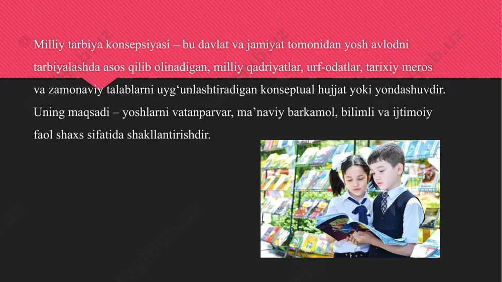 y qadriyatlarni rivojlantirish, yoshlarni vatanparvar, bilimli va faol shaxs sifatida shakllantirish orqali jamiyatning barqarorligini ta’minlaydi. xulosa xulosa qilganda, milliy tarbiya konsepsiyasi – bu yosh avlodni milliy qadriyatlar asosida tarbiyalash, ularni vatanparvar, ma’naviy barkamol, bilimli, ijodkor va jamiyatga foydali shaxs sifatida shakllantirishga qaratilgan tizimli yondashuvdir. u ma’naviy-axloqiy, madaniy-ma’rifiy, intellektual, jismoniy va ijtimoiy tarbiyani uyg‘unlashtirib, milliy merosni saqlash va yoshlarni zamonaviy jamiyat talablari bilan uyg‘unlashtirishni maqsad qiladi. shu tariqa, milliy tarbiya konsepsiyasi orqali mustahkam, barqaror va milliy qadriyatlariga sodiq jamiyatni yaratish mumkin. image2.png image3.jpeg image4.jpeg