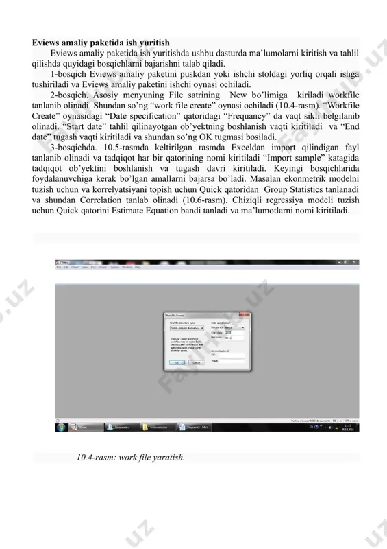 a xar hil metodlarni ishlatilishi olish mumkin. ewievs amaliy dasturi yordamida turli xil xisobotlarni yaratish uchun quyidagi misol bilan isbotlanandi. 10.12-rasm: chiziqli regressiya modelini tuzish yuqoridagi (10.12-rasm)da chiziqli regressiya modelini tuzish yaim va sanoatlarning 2003-2011 yillardagi ma’lumotlari olingan, bunda sanoatni yaimga ta’sir etuvchi omil sifatida olingan. shuning uchun chiziqli ekonmetrik modelni tuzish (equation estimation) oynasida “method” qatoridan “ls- least squares” tanlanadi va “ok” tugmasi bosiladi. quyidagi 10.13-ramda berilgan ma’lumotlar asosida chiziqli ekonmetrik model tuzildi. bunda coefficient c(1) da c(1) ning modeldagi parametrlari, c(2)da c(2) ning parametrlari hisoblangan. bundan tashqari r-squared determiniatsiya koeffitsienti darbin uotson koeffitsienti f-testlar hisoblangan. 10.13-rasm: tuzulgan chiziqli model yuqoridagi tuzulgan modelning grafigdagi ko’rinishi va uning haqiqiy qiymatini grafik ko’rinishda keltirish uchun eviews amaliy dasturning quyidagi bosqichlarini bajarilishi kerak: 1-bosqich: “quick” qatoridan “graph” tanlanadi va bunda yaimning haqiqiy qiymati va modeldagi qiymati kiritiladi va “ok” tugmasi tanalanadi. 10.14-rasm: jadval tuzish. 2-bosqichda: grafikning turi, chiziqlarning rangi va boshqa tuzulayotgan …
