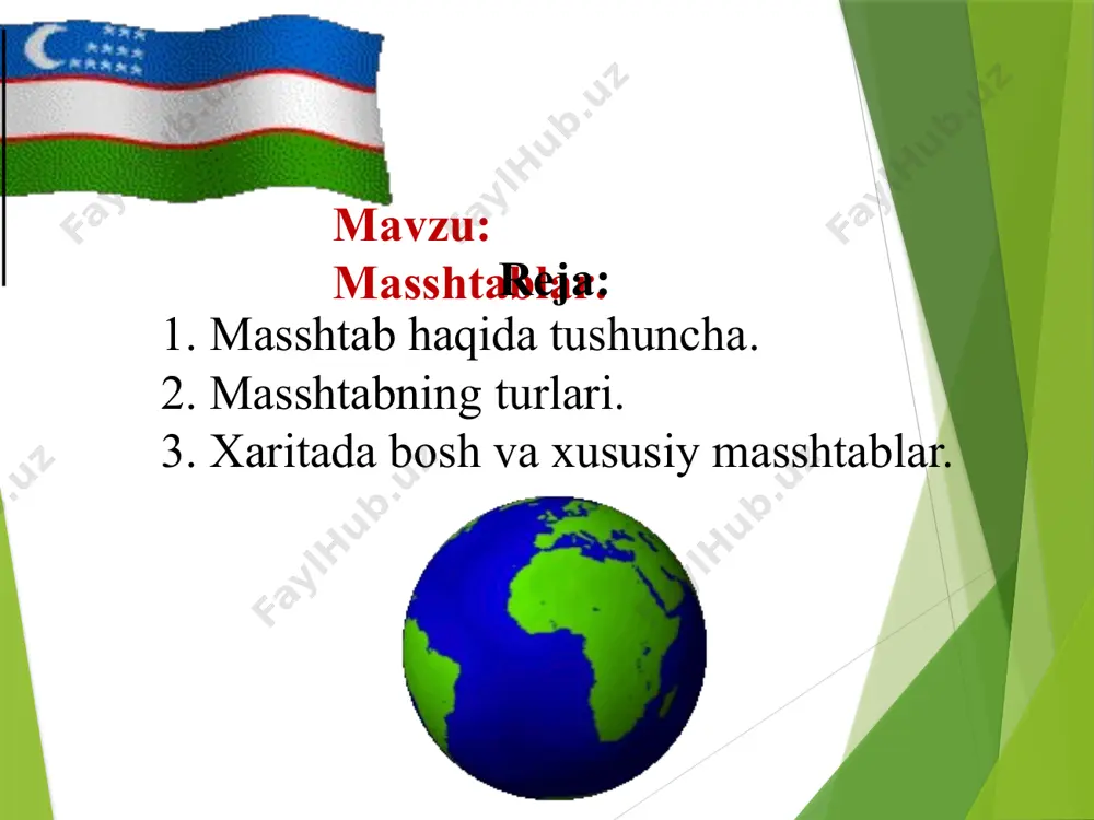 kartada faqat bitta nuqta mos kelishi kerak va ikkinchidan, kartografik tasvirda uzilgan joylar (yerlar) bo’lmasligi lozim. bu talabni bajarish uchun kartograf uzilgan joylarda teng cho‘zish va aksincha bekilib (ya’ni ustma-ust tushib, yopilib) qolgan joylarda esa teng siqish ishlarini amalga oshiradi. meridianlar bo‘yicha zonalarga (tilimlarga) bo‘lingan globus yuzasi. yerning egri yuzasini tekislikda uzilishlarsiz tasvirlab bo‘lmasligini tasdiqlovchi sxema. zonalarni (tilimlarni) teng cho‘zib hosil qilingan dunyo kartasi. teng cho‘zilish yoki teng siqilish natijasida kartografik tasvirda quyidagi xatoliklar vujudga (yuzaga) keladi: 1. uzunliklar xatosi; 2. burchaklar xatosi; 3. maydonlar xatoligi; 4. shakl xatoligi. yer yuzasidagi kabi ekvatordan qutblarga tomon uzoqlashilgan sari qisqarib bormasdan, balki ekvatordagi uzunligi qanday bo‘lsa xuddi shundayligicha saqlanib qoladi. yoki yer yuzasidagi bir xil uzunlikdagi meridianlar kartalarda xar xil qiymatga ega bo‘lgan yoylar ko’rinishda tasvirlanadi. karta masshtabi kartadagi nihoyatda kichik kesma uzunligining yer yuzasidagi shunga mos uzunlikka bo‘lgan nisbatini ifoda etadi. u proyeksiyaning ma’lum joylarida (nuqta yoki chiziqda) saqlanib qoladi va …