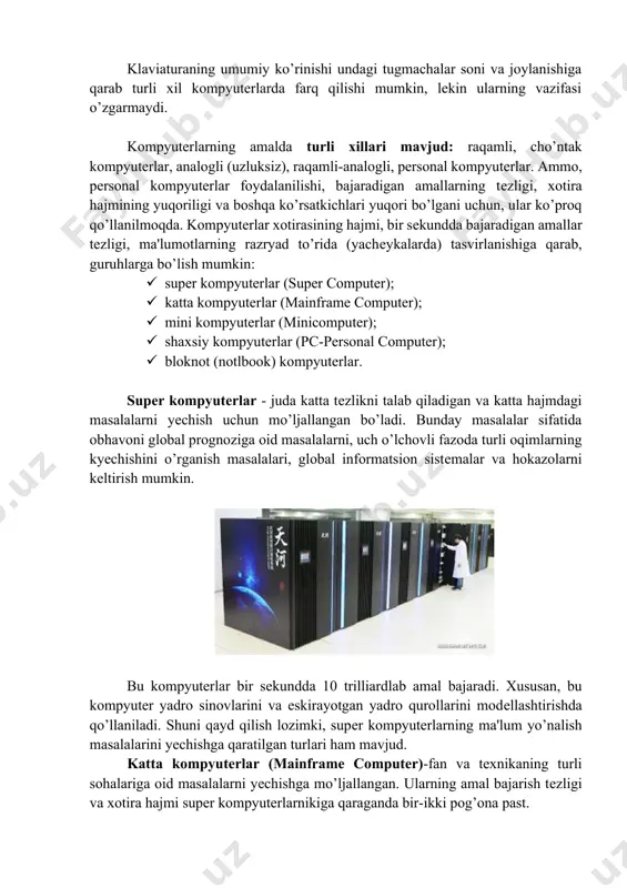 gan: 1. hardware (kompyuterni tashkil yetuvchilari, ya’ni qattiq qismlari) 2. software (kompyuterning dasturiy ta’minoti, ya’ni yumshoq qismlardan). kompyuterlarning amalda turli xillari mavjud. 1. raqamli (diskret). 2. anologli (uzluksiz). 3. maxsuslashtirilgan kompyuterlar bor. ch.bebbidj g‘oyasida ehmni xotiralash dasturi yordamida boshqarish prinsipini o‘z ichiga olgan barcha asosiy qismlar bor yedi. uning g‘oyalarining afzalligiga ancha keyin yetarligicha baholandi. 1937 yildan boshlab hozirgi kungacha bir necha milliondan ortiq ehmlar yaratilgan. biz ularni hozirda kompyuter deb ataymiz. ehmlarning soni ortishi bilan bir vaqtda ularni takomillashtirish jarayoni yanada jadallashdi. markaziy protsessor va operativ xotiraning yelementlar bazasiga, texnik xarakteristikasiga va arxitekturasining murakkabligiga qarab ehmlarni davrlarga va avlodlarga ajratish qabul qilingan. tezkorlik va operativ xotira xajmi ehm ning asosiy xarakteristikalaridir. tezkorlik bir sekundda bajariladigan mashinaviy amallarning o‘rtacha soni bilan baholanadi. hisoblash mashinalari rivojlanishining birinchi davri bu mexanik davrgacha bo‘lgan mashinalar. birinchi avlod mashinalari. (1950 yillar boshlari) birinchi avlod ehmlari markaziy protsessorining yelementlar bazasi sifatida umumiy soni bir necha …