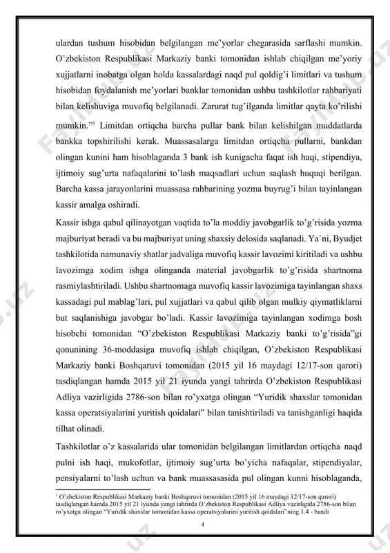lar berilgan muddat tugaganidan keyin 3 kundan kechiktirmay tashkilot kassasiga qaytarilishi kerak. hisobot beriladigan naqd pullarni olgan shaxslar tashkilot buxgalteriyasiga yoki markazlashtirilgan buxgalteriyaga sarflangan summalar to’g’risidagi hisobotni taqdim etishlari shart. hisobot beriladigan naqd pullarni berish ilgari hisobot berish sharti bilan berilgan summalar bo’yicha to’liq hisobot berilgach amalga oshiriladi. naqd pullarni qabul qilish va topshirish va topshirish bo’yicha kassa operatsiyalari o’zbekiston respublikasi qonunchiligiga muvofiq tasdiqlangan birlamchi hisob hujjatlari shakllari bilan rasmiylashtiriladi. tashkilotlar kassalari tomonidan naqd pullarni qabul qilish bosh buxgalter yoki u vakolat bergan shaxs tomonidan imzolangan kirim kassa orderlari bo’yicha amalga oshiriladi. pul qabul qilinayotganda bosh buxgalter yoki u vakolat bergan shaxs tomonidan imzolangan, kassir muhri (shtampi) yoki kassa apparatining izi bilan tasdiqlangan kvitantsiya beriladi. tashkilotlar kassasidan naqd pul berilishi chiqim kassa orderlari yoki tegishlicha rasmiylashtirilgan boshqa hujjatlar (to’lov qaydnomalari, pul berish bo’yicha arizalar, hisobvaraqlar va hokazolar) bo’yicha, ushbu hujjatlarga chiqim kassa orderining rekvizitlari bo’lgan shtamp qo’yilgan holda, amalga oshiriladi. …