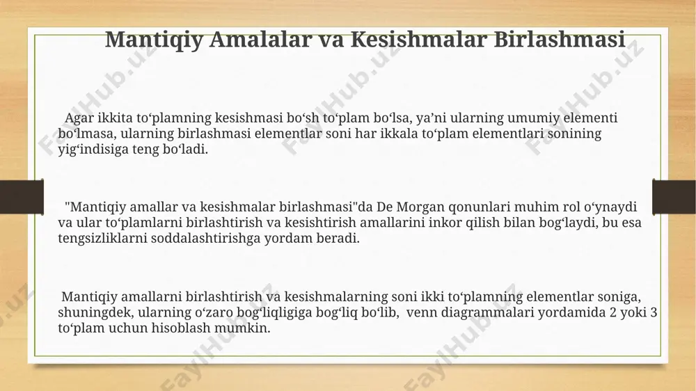 n) ta to'plamning kesishmalarining birlashmasi sifatida ifodalanishi mumkin. kesishmalar birlashmasining umumlashtirilgan ta'rifi, 2 yoki undan ortiq to'plamlar orasidagi kesishmalarning birlashmasini ifodalaydi, bu esa natijada umumlashgan elementlar to'plamini beradi. to'plamlar algebrasi va kesishmalar birlashmasi to'plamlarni venn diagrammasi yordamida tasvirlashda, ikki yoki undan ortiq to'plam kesishmalarining birlashmasi, venn diagrammasida ushbu to'plamlar qoplanadigan sohalarni ifodalaydi; masalan, uchta to'plam uchun 7 ta (2³-1) ajratilgan hudud mavjud bo'ladi. agar a va b ikkita chekli to'plam bo'lsa, unda |a ∪ b| = |a| + |b| - |a ∩ b| formulasi yordamida a va b to'plamlar birlashmasining elementlar sonini aniqlash mumkinki, bu esa inklyuziya-eksklyuziya printsipiga asoslangan. to'plamlar algebrasiga ko'ra, ikki yoki undan ortiq to'plam kesishmalarining birlashmasi, bu kesishmalarda mavjud bo'lgan barcha elementlardan tashkil topgan yangi to'plamni hosil qiladi; masalan, 3 ta to'plamning kesishmalarining birlashmasi 2 3 -1 mumkin bo'lgan natijalarni beradi. venn diagrammalari yordamida tasvirlash venn diagrammalarida murakkab mantiqiy ifodalarni, xususan, toʻplamlar birlashmasi va kesishmasi amallarini grafik …
