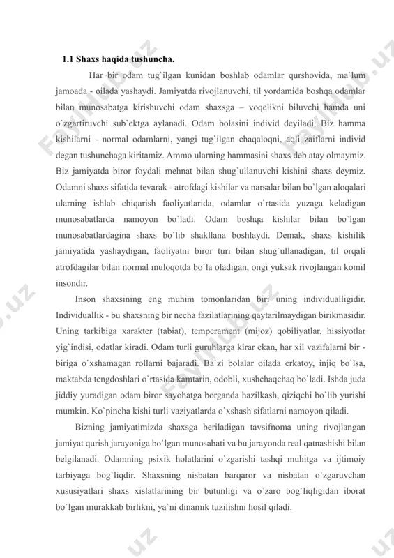 nni egallamoqda. inson shaxsi “endopsixik” (ichki) va “ekzopsixik” (tashqi ) a`zolariga bo`linadi, degan fikr ilgari surilgan edi. tabiiy asosga ega bo`lgan “endopsixika” biologik shart - sharoitlarga bog`liq, “ekzopsixika” ijtimoiy omillarga bog`liqdir. ikkala omil nazariyasining xatoligi shundaki, bu nazariya ijtimoiy omil bilan biologik omilni, muhit bilan biologik tuzilishni, “ekzopsixika” bilan “endopsixika” ni mexanik ravishda bir - biriga qarama - qarshi qilib qo`yadi. biroq shaxsning tarkib topishi, tuzilishiga ta`sir qiluvchi tabiiy va ijtimoiy omillar masalasiga yondoshishning boshqa imkoniyatlari ham bor. masalan, shunday tadqiqot o`tkazilgan: tadqiqotda bo`yi 80 - 130 sm. dan oshmaydigan kishilar shaxsining tuzilishida ko`p jihatdan o`xshashlik borligi aniqlangan. ularda bolalarcha soddalik, yuksak chidamlilikni, uyat degan narsaning yo`qligini ko`rish mumkin ekan. 2. shaxsning faolligi shaxs o`zining faoliyati tufayli tevarak -atrofdagi olam bilan faol munosabatda bo`ladi. shaxsning faolligi deganda odamning atrofdagi tashqi muhitga ko`rsatadigan ta`siri tushuniladi. tashqi muhit bilan faqat odamlar emas, hayvonlar ham o`zaro munosabatda bo`ladilar. lekin hayvonlar tashqi muhitga moslashib …
