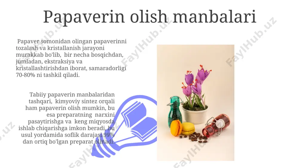 ni 20-30 minut ichida bo'shashtirib, kalsiy ionlari oqimini inhibe qilish orqali qon tomirlarini kengaytiradi va qon bosimini pasaytiradi. kvertsetinning 30 dan ortiq tadqiqotlarida uning kuchli antioksidant va yallig'lanishga qarshi xususiyatlari tasdiqlangan bo'lib, hujayra himoya mexanizmlarini faollashtiradi va apoptoz jarayonini sekinlashtiradi. rutin, papaverin va kvertsetin o'simlik preparatlarining samaradorligi kvertsetinni oʻsimlik manbalaridan olishda, 1 kg xom ashyodan oʻrtacha 10-20 gramm sof kvertsetin olish mumkin. papaverin olish uchun ishlatiladigan oʻsimliklarning alkaloid miqdori 0,5% dan 2% gacha farq qilishi mumkin, bu esa preparatning yakuniy samaradorligiga ta'sir qiladi. rutin, papaverin va kvertsetin o'simlik preparatlarining klinik qo'llanilishi 01 02 rutinning kapillyarlarning o'tkazuvchanligini 30-40% ga kamaytirish xususiyati, gemorroy va varikoz tomirlarini davolashda samaradorligini oshiradi. sales 1st qtr 2nd qtr 100 0 sales 1st qtr 2nd qtr 100 0 rutin, papaverin va kvertsetin o'simlik preparatlarining xavfsizligi papaverin preparatlarini homiladorlik va emizish davrida qo'llashda ehtiyot bo'lish kerak, chunki uning bolaning sog'lig'iga ta'siri to'liq o'rganilmagan va 10mg dan yuqori dozalarda …