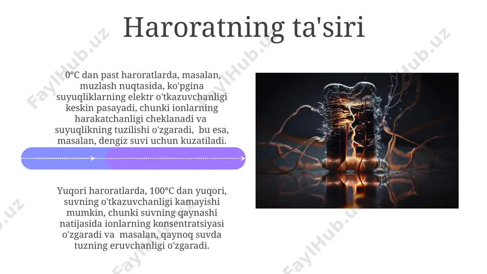 jarayoni elektroliz yordamida, mis (ii) sulfat eritmasidan 1 amper tok 1 soat davomida o'tkazilsa, taxminan 1,18 gramm mis elektrodlarda to'planadi, bu miqdor faraday doimiysi va valentligi bilan bog'liq. elektroliz jarayonida, masalan, 250 ml suvli eritmada 12v kuchlanish qo'llanilganda, vodorod va kislorod gazlari 2:1 nisbatida ajralib chiqadi, bu faraday qonunlariga mos keladi. elektrolitik dissosatsiya elektrolitik dissosatsiyaning darajasi eritmaning konsentratsiyasi va haroratiga bog'liq bo'lib, masalan, 0,1 m nacl eritmasida dissosatsiya darajasi taxminan 85% ni tashkil etadi. 1884-yilda svante arrhenius tomonidan uppsala universitetida o'tkazilgan tadqiqotlar elektrolitik dissosatsiya nazariyasini asoslab, elektrolit eritmalarining elektr o'tkazuvchanligini tushuntirishga yordam berdi. quruq elementlar quruq elementlarning ish kuchlanishi taxminan 1,5 v bo'lib, bu elementning ichki tuzilishi va ishlatilgan kimyoviy moddalarning xususiyatlariga bog'liqdir, masalan, leclanché elementida. quruq elementlarda elektrolit sifatida ammoniy xlorid (nh₄cl) va sink xlorid (zncl₂) aralashmasi ishlatiladi, ularning konsentratsiyasi taxminan 20-30% ni tashkil etadi va bu elektrolitning elektr o'tkazuvchanligini ta'minlaydi. elektrolizning amaliy qo'llanilishi alyuminiy ishlab chiqarishda elektroliz muhim …