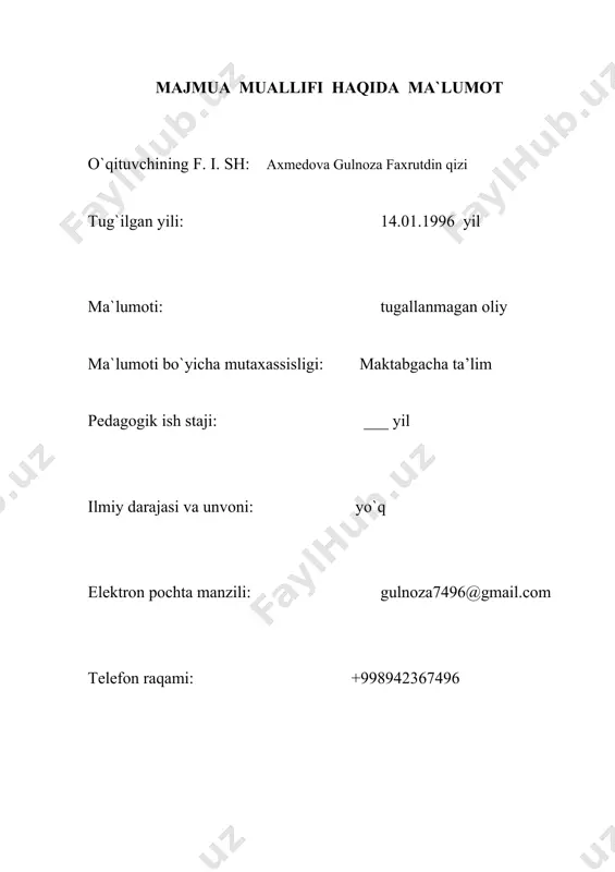 a taʼlim tashkiloti yordamchi tarbiyachisi 3. ko`p tarmoqli ixtisoslashtirilgan maktabgacha taʼlim tashkiloti yordamchi tarbiyachisi 4. qo`shma turdagi maktabgacha taʼlim tashkiloti yordamchi tarbiyachisi maktabgacha taʼlim tashkiloti yordamchi tarbiyachisi o’quv rejadagi tartib raqami: 1.03 ajratilgan soat: 40 toshkent- 2020 o’zbekiston respublikasi maktabgacha ta’lim vazirligi, maktabgacha ta’lim bosh boshqarmasi tasarrufidagi toshkent pedagogika kollejining “maktabgacha ta’lim” kasbi bo’yicha pedagogik kengashining 2020 yil “26” oktiyabrdagi 2-sonli majlis bayoni bilan ma’qullangan hamda toshkent pedagogika kollejining 2020 yil 27 oktiyabrdagi 110 - sonli buyrug’i bilan tasdiqlangan. tuzuvchilar: 1. g.axmedova – xonqa tuman pedagogika kolleji o`qituvchisi. taqrizchi: k.karimov - xonqa tuman pedagogika kolleji o‘quv tarbiyaviy ishlari bo‘yicha direktor o‘rinbosari 1. umumiy talablari dastur nomi kasbiy faoliyatda hayot faoliyati xavfsizligi ajratilgan soat 40 mavzular soni 20 dasturning maqsadi kasbiy faoliyatda hayot faoliyati xavfsizligi haqida tushunchalarni, hayot faoliyati xavfsizligi faning maqsad va vazifalarini, hayot faoliyatiga ta`sir etuvchi havflar va ularni oldini olish yo`llarini bilish; hayot faoliyati xavfsizligining o`ziga xos qonuniyatlarini, …