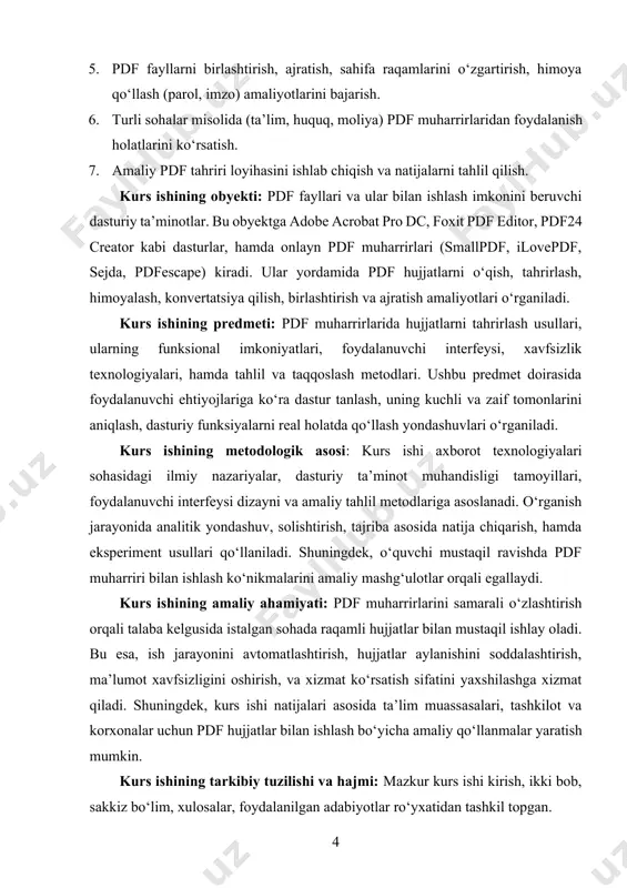 li beqiyos ahamiyat kasb etadi. pdf muharriri foydalanuvchilarga mavjud pdf hujjatlarini o‘zgartirish, yangilash, matn kiritish, rasm, grafik yoki elektron imzo qo‘shish, keraksiz qismlarni o‘chirish, parol bilan himoyalash kabi ko‘plab funksiyalarni taqdim etadi. hujjatlar ustida ishlashda an’anaviy usullar – ya’ni hujjatni chop etib, qo‘lda tuzatish kiritish, qayta skanerlash, so‘ngra elektron shaklga keltirish – ko‘p vaqt va kuch talab qilardi. pdf muharriri esa bu bosqichlarning barchasini soddalashtiradi va bir necha daqiqada professional hujjat tayyorlash imkonini beradi. zamonaviy dunyoda ko‘plab tashkilotlar, kompaniyalar va muassasalar barcha ish hujjatlarini raqamlashtirishga o‘tayotgani sababli, pdf muharrirlariga bo‘lgan ehtiyoj yanada ortmoqda. ayniqsa, masofaviy ishlash, onlayn ta’lim va elektron hujjat aylanishi keng joriy etilgan hozirgi sharoitda pdf muharrirlarining qulayligi beqiyosdir. talabalar o‘zlarining referat, kurs ishi yoki ilmiy maqolalarini pdf ko‘rinishida tayyorlashadi. o‘qituvchilar esa ularni sharhlash, tuzatish kiritish, baholash ishlarini pdf muharriri orqali amalga oshirishadi. shuningdek, yuridik sohada ham pdf muharririning o‘rni juda muhim. sud hujjatlari, shartnomalar, notarial tasdiqlar kabi …