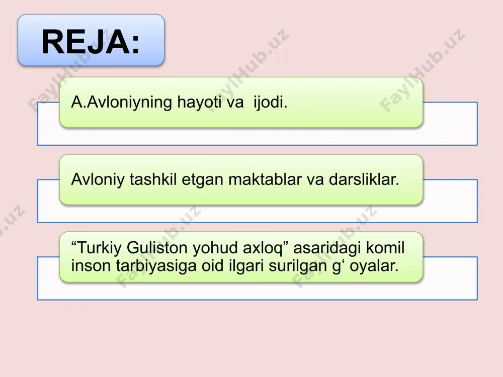 adi va bu jamiyatga o'zi raislik qiladi. abdulla avloniy “usuli jadid” maktablari uchun to'rt qismdan iborat darslik va o'qish kitoblari yaratdi. “adabiyot yoxud milliy she’rlar” hamda “birinchi muallim”(1912) “turkiy guliston yoxud axloq”(1913) “ikkinchi muallim”(1915) “maktab gulistoni”(1917) abdulla avloniyning pedagogikaga oid asarlari ichida “turkiy guliston yoxud axloq” asari xx asr boshlaridagi pedagogik fikr taraqqiyotini o‘rganish sohasida katta ahamiyatga molikdir. o'zbek pedagogikasi tarixida abdulla avloniy birinchi marta pedagogikaga “pedagogiya”, ya'ni bola tarbiyasining fanidir”, deb tarif berdi. tabiiy bunday tarif avloniyning pedagogika fanini yaxshi bilganligidan dalolat beradi. abdulla avloniy bola tarbiyasini nisbiy ravishda quyidagi to'rt bo'limga ajratadi: “tarbiyaning zamoni” “badan tarbiyasi” “fikr tarbiyasi” “axloq tarbiyasi” abdulla avloniy yangi adabiyot dasturi asosida 1933-yili o'zbek maktablari ning vii sinflari uchun “adabiyot xrestomatiyasi” tuzdi. abdulla avloniyning mehnati taqdirlanib, unga o'zbek madaniyati va adabiyotini yuksaltirishda, xodimlar tayyorlashda, uzoq yillik halol mehnati uchun 1925-yili “mehnat qahramoni” unvoni, 1930-yili ilmiy ishlari va asarlari uchun “o'zbekiston maorifi zarbdori” unvoni berildi. …