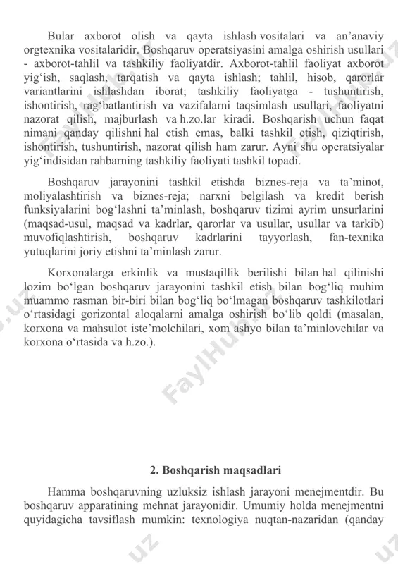 t jarayoni texnologiyasi esa boshqaruv apparati xodimlarining bajarayotgan amaliy ishlaridir. shunday qilib, menejment jarayoni qo‘yilgan masalaga erishish uchun boshqaruv apparati rahbari va odamlarning kelishilgan holda hamohang faoliyat ko‘rsatishidir. muammolar bosqichida tizimni joriy holatidagi asosiy qarama-qarshiliklar, tizim ishini yaxshilash uchun nimalar qilish kerakligi aniqlanadi. echim bosqichi rahbarning amaliy ishlarga o‘tish faoliyatidir. qaror qabul qilinishi bilanoq boshqariluvchi tizimlarga aniq ta’sir ko‘rsatiladi, alohida oddiy boshqaruvga oid harakatlar bajariladi. menejment jarayoni uslubi quyidagilar: axborot-analitik va tashkiliy ishlar. axborot-analitik ishlar quyidagilardan iborat: axborotlar yig‘ish, tahlil etish, axborotni qayta ishlash va uzatish, boshqaruv qarorlari variantlarini ishlab chiqish, boshqaruv qarorlari variantlariga doir axborotlarni saqlash va boshqalar. tashkiliy ishlar quyidagilardan iborat: tushintirish, ishontirish, rag‘batlantirish, topshiriqlarni taqsimlash, ijroni nazorat qilish, ta’sir etish va boshqalar. insonlarni boshqarish nafaqat qarorlar qabul qilish bilan, balki uni bajarilishni nazorat qilishni ham taqozo etadi. afsuski, ko‘p holatlarda hayotimizda menejment jarayoni bajarilishi har taraflama tashkil etilmaydi, uni tashkiliy, mazmunan, texnik tomonlari o‘zaro bog‘lanmaydi. boshqaruv jarayoni …