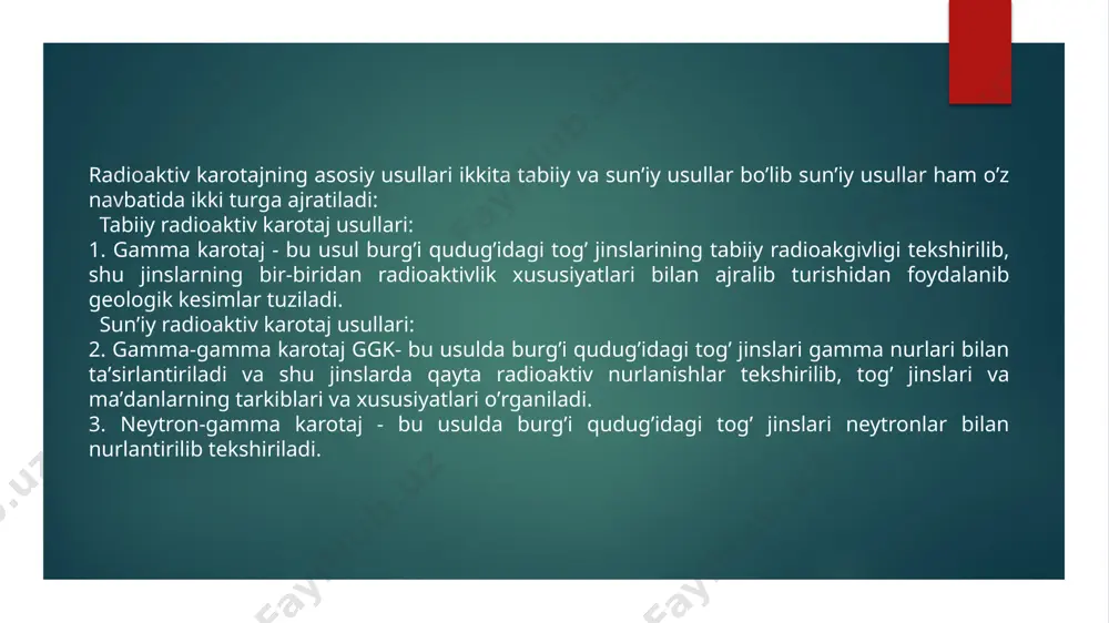 lik katta bo'ladi (istisno - polimik qumtoshlar, hatto past loy miqdori bo'lsa ham, sezilarli radioaktivlikka ega va ularning ha ko'rsatkichlari yuqori). eng o'ngga ha egri chizig'ining pozitsiyasi gil chizig'i; ha egri chizig'ining o'ta chap og'ishi qum chizig'idir. ruscha usulning ko'rsatkichlari gamma nurlanishining intensivligi bilan ifodalanadi mikrorentgen / soat (mikro-rentgen / soat) yoki impulslar / min (impulslar / daqiqa). chet el amaliyotida usulning ko'rsatkichlari amerika neft institutining (api) an'anaviy birliklarida ifodalanadi. gamma nurlarini burgʼi qudugʼi radiometri hisoblagichlari qabul qilib elektr signalga aylantaradi. аylantirilgan elektr signallar kuchaytirgichda kuchayib elektr sezgichlarda tozalanadi va kabel orqali yer ustiga yetkazilib karotaj stantsiyasida qayd qilinadi. gamma nurlanish jadalligiga proporsional boʼlgan elektr signallari karotaj stansiyasida diagrammalarga oʼxshab qayd qilinadi, alohida joylashgan, radioaktivlikka ega boʼlgan qatlamlar simmetrik anomal grafiklar beradi. аnomal grafiklarning shakliga burgʼi qudugʼining diametri, burgʼilash qorishmasining tarkibi va zichligi katta taʼsir koʼrsatadi. radioaktivlikni oʼlchashda oʼlchash tezligining, ham taʼsiri bor. temir quvurlar bilan mustahkamlangan burgʼi quduqlarida gamma …