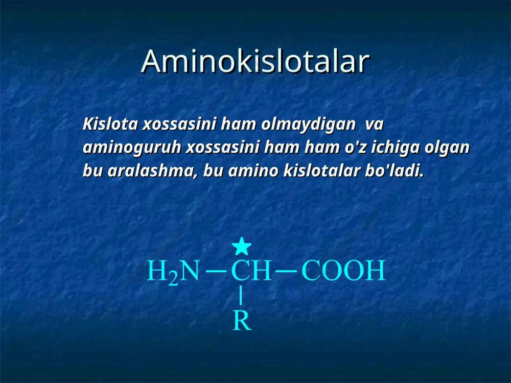 a-uglerod atomida joylashganligidan, a-aminokislotalar qatorini tashkil qiladilar. peptidlar va, umuman oqsil molekulalarining aminokislota tarkibi yozilganda, ularning nomi boshlangʻich uch harfdan tuzilgan qisqartmalaridan foydaniladi. masalan: alanin — ala, fenilalanin — fen. aminokilotalarning olinish usullari aminlangan - galogen birikmalardan aminokislotalarning olinish usullari malon kislotaning bromlanishi natijasida. aminokislotalarning olinish usullari shtekker – zelinskiy sintezi. aminokislotalarning olinish usullari n tutgan aminomalon efirlarning alkillanishi  - galogen tutgan efirlarning aminlanishikaliy ftalamid yordamida) aminokislotalarning olinish usullari aminokislotalarning biologik olinish xossalari. корм с добавкой рацемической смеси a-аминокислот отходы с оптически активным изомером a-аминокислоты очистка оптически чистый изомер a-аминокислоты aminokislotalarning kimyoviy xossasi aminoguruh reaksiyasi van – slayk metodi aminokislotalarning kimyoviy xossasi aminoguruh reaksiyasi aminokislotalarning kimyoviy xossasi karboksil guruh reaksiyalari aminokislotalarning kimyoviy xossasi karboksil guruh reaksiyasi aminokislotalarning kimyoviy xossasi sifat reaksiyasi ksantoprotein reaksiyasi aminokislotalarning kimyoviy xossasi sifat raksiyasi biuret reaksiyasi ( mis (ii) gidroksidi bilancu(oh)2 ) ningidrin reaksiyasi. aminokislotalarning kimyoviy xossasi ,, aminokislotalarning spetsifik reaksiyalari - aminokislota reaksiyalari aminokislotalarning …