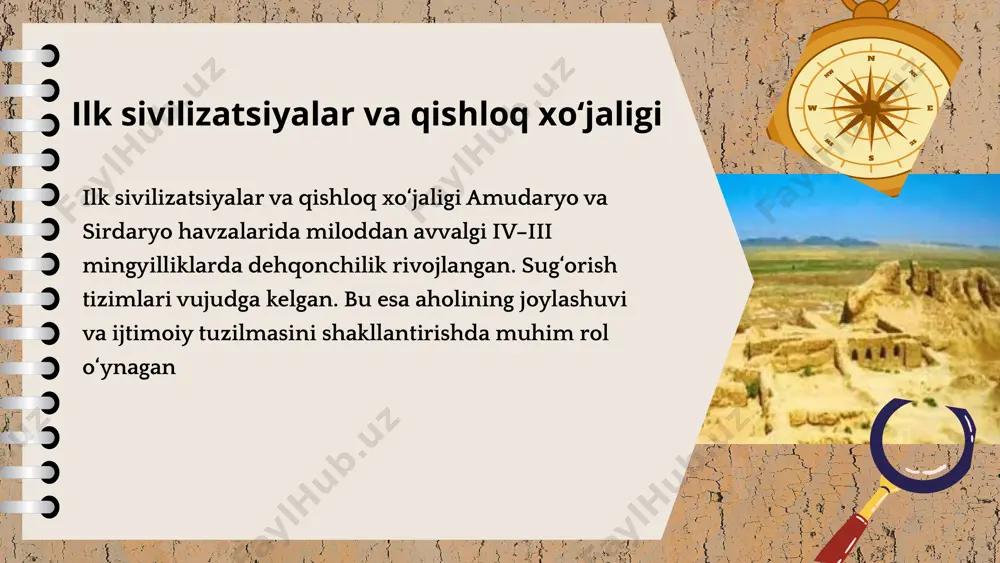 va boshqaruv tizimi joriy qilindi. bu davrda fan va falsafa sohalarida katta o‘sish kuzatildi. yunon-baqtriya va kushon imperiyalari bu ikki imperiya o‘rta osiyoda kuchli davlat tuzilmalarini yaratdi. ayniqsa, kushonlar davlati buddaviylik, savdo yo‘llari va tangachilik tizimini rivojlantirishda muhim rol o‘ynadi. ular hududda barqarorlik va taraqqiyotni ta’minlashga muvaffaq bo‘lishdi. kushonlar davlati transkontinental savdoni yo‘lga qo‘ydi, diplomatik aloqalar o‘rnatildi, madaniyatlar almashinuvi kengaydi iqtisodiy hayot ilk davlatlar hunarmandchilik, dehqonchilik va savdo bilan shug‘ullangan. karvon yo‘llari orqali xitoy, hindiston va eron bilan aloqalar o‘rnatilgan. bozorlar faoliyat yuritgan. mahalliy mahsulotlar – ipak, metallar, qishloq xo‘jaligi hosillari – xalqaro bozorlarda qadrlangan. ayniqsa, ipak yo‘li bu hududlarni jahon savdosiga bog‘lab, iqtisodiy o‘sishga turtki bergan xulosa markaziy osiyodagi ilk davlatlar keyingi bosqichdagi sivilizatsiyalar uchun poydevor bo‘lib xizmat qildi. ularning siyosiy, ijtimoiy va iqtisodiy tajribalari bugungi davr tarixshunosligi uchun bebaho manbadir. bu tarixiy tajriba hozirgi o‘zbekiston davlatchiligiga ham ta’sir ko‘rsatgan. tarixdan saboq olish va o‘z milliy identitetimizni anglashda bu …