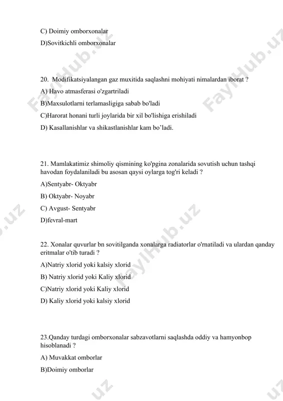 erib qurutish 34.qurutilgan mevalarni saqlashda qanday idishlardan foydalaniladi? a) qog’oz qutilar, kraft qoplarga b) polietilen paketlarga c) shisha idishlarga d) yelim idishlarga 35. chigitli paxtaning namligi deb nimaga aytilad? a) nam miqdorning absalyut quruq massaga nisbatiga aytiladi b) nam miqdorning dastlabki namuna massasiga nisbatiga aytiladi c) nam miqdor va dastlabki massa yig’indisini absalyut quruq massaga nisbatiga aytiladi d) keyin massani dastlabki massaga nisbatiga aytiladi 36. jinlash deb nimaga aytiladi? a) paxta tolasini chigitdan ajratish jarayoniga aytiladi. b) chigitdan moy olish jarayoniga aytiladi c) chigitli paxtani saqlashga aytiladi d) chigitli paxtani g’aramlashga aytiladi 37. o’rta tolali paxtadan tola ajratishda qanday jinlardan foydalaniladi? a)arrali jinlar ishlatiladi b) valikli jinlar ishlatilatiladi c) sirg’ali jinlardan d) elakli jinlardan 38. ingichka tolali paxtadan tola ajratishda qanday jinlardan foydalaniladi? a)valikli jinlar ishlatiladi b) arrali jinlar ishlatilatiladi c) sirg’ali jinlardan d) elakli jinlardan 39. jami yetishtiriladigan meva-sabzavotlarning hajmi respublika bo’yicha? a) 21.9 mln tonna b) 9.8 mln …