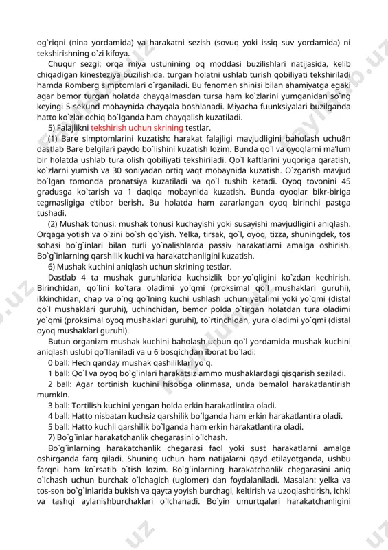 ga tebranish beriladi va u quloq yumshog`i ustiga qo`yiladi (tovushning suyakdan o`tkazuvchanligi). tebranishlar eshitilmay qolganda kameton asosini quloqning old tomoniga, eshitish teshigidan 5 sm masofaga (havoning tovushni o`tkazuvchanligi) qo`yiladi so`ngra tebranish tovushlari eshitilish vaqti o`lchanadi. agarda tovushlar eshitilmasa, unda rine testi natijalari qoniqarsiz bo`ladi va eshitishda konduktiv buzilishlar mavjud degan taxminga kelinadi. me’yorda havo tovush o`tkazuvchanligidan 2 barobar ko`p vaqtni oladi. · til-hiqildoq asab tolalari: parda simptomini kuzatish. bemordan tovush chiqarib «a-a-a-a» deyishni so`rash va tomoq usti, og’iz bo’shlig’i shiliq qavatlari va hiqildoq harakatlarini kuzatish, o`ng va chap tomon o`rtasidagi farqni tahlil qilish. · tilosti asab tolalari: bemordan tilni maksimal darajada chiqarishni so`rash va o`ng-chap tomon o`rtasidagi farq, shakli va til uchi egilishini kuzatish. · qo`shimcha asab tolalari: yelka usti mushaklari harakatini kuzatish, bunda bemorning yelkasidan kuch bilan bosish va u qarshilik ko`rsata oladimi, shuningdek, bir tekislik mavjudmi, shularni kuzatish. 4) sezgi tuyg`usini baholash. yuzaki sezgi: yuzaki sezgi patologiyasining bir …