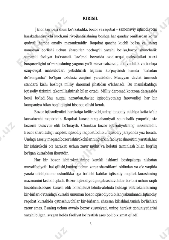 at ustunligi strategiyasi m. porterning fikricha, raqobatning asosiy birligi bu tarmoqdir,ya’ni tovar ishlab chiqaruvchi yoki xizmat ko’rsatuvchi va o’zaro raqobat qiluvchi raqobatchilar guruhi hisoblanadi. tarmoqda firma uchun raqobat strategiyasini tanlashda ikki muhim omil ta’sir etadi: 1. firma faoliyat yuritayotgan tarmoq tuzilmasi, ya’ni raqobatning o’ziga xosliklari. tarmoqdagi raqobatga beshta omil ta’sir qiladi: - yangi raqobatchilarning paydo bo’lishi; -o’rinbosar tovar va xizmatlarning paydo bo’lishi; -yetkazib beruvchilarning savdolashish qobiliyati; - xaridorlarning savdolashish qobiliyati; -mavjud bo’lgan raqobatchilarning o’zaro raqobati. bu besh omil tarmoqning daromadliligini belgilaydi. chunki, u bahoga, xarajatga, kapital qo’yilmalarga va boshqalarga ta’sir qiladi. 2. firmaning tarmoqda tutgan o’rni. firmaning tarmoqdagi o’rni, avvalo, raqobat ustunligi bilan aniqlanadi. agar firma barqaror raqobat ustunligiga ega bo’lsa, u o’z raqiblarini ortda qoldiradi: firmaning raqobatchilariga nisbatan kam xarajatlar bilan tovarlarni ishlab chiqara olish va sota olish qobiliyati haqida dalolat beradi. 5 tovarlar differentsiyatsiyasi,ya’ni firmaning iste’molchi ehtiyojini qondira olish qobiliyati. firmaning tarmoqda tutgan o’rniga ta’sir qiluvchi boshqa bir …