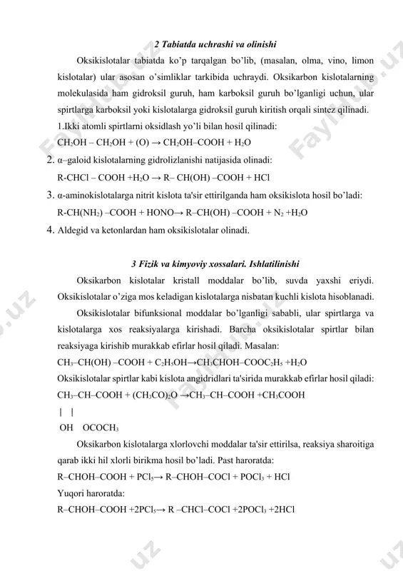 uruq haydash” orqali olinadi: u karbonil va karboksil guruhlarga xos reaksiyalarni beradi. u asosan odam va hayvonlar organizmida modda almashinuvida ishtirok etadi. foydalanilgan adabiyotlar ro‛yxati 1. francis a. carey. organic chemistry, university of virginia, fourth edition- 2012 (darslik) 2. anatol malijevskґy.physical chemistry inbrie., 2005(darslik) 3. a. abdusamatov “organik kimyo” toshkent – 2005(darslik) 4. a. abdusamatov, s. zakirov, r.ziyayev “fizik va kolloid kimyo” toshkent -2013. (darslik) image1.png image2.png image3.png image4.png image5.png