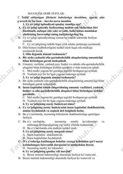 uy xo‘jaligi iqtisodiyot testlar — DOCX