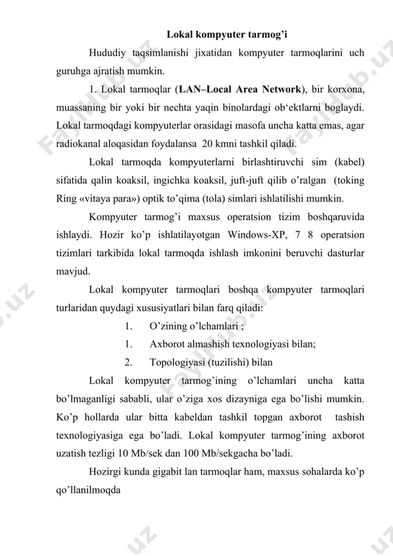 kollektsiyasidan tashkil topadi. kelgusida bu kompyuterlarni asosiy kompyuterlar yoki (host computers) host deb yuritamiz. wan larda host (asosiy) kompyuterlar bir-biri bilan komunikatsiya tizim osti deb ataluvchi tizim osti bilan ulanadi. kompyuter tarmog’ining kommunikatsiya tizim osti subnet deb ataladi. subnetning asosiy vazivasi–tarmoqdagi asosiy kompyuterlar orasida aloqa o’rnatishdan, ya‘ni tarmoqdagi bir kompyuterdan ikkinchi asosiy kompyuter axborot uzatishdan iboratdir. keng zonali kompyuter tarmoqlarida–wanlarda quydagi ikkita tushunchani ajratib takidlab o’tamiz. 1. aloqa tarmoqlari (subnet) 2. tarmoqning amaliy masalalarini yechishda qo’llaniladigan qismi, ya‘ni host (asosiy) kompyuterlar. bu 2ta tushunchani bir-biridan ajratish wanlarni loyxalashni, ya‘ni ularni dizaynini soddalashtirish imkoniyatini beradi. ko’p hollarda komutatsiya yoki aloqa subneti quydagi 2ta har xil kompyuterlardan iborat bo’ladi: 1. uzatish tarmoqlari (liniya peredachi) 2. boshqa aloqa tarmog’iga ulash elementlari. uzatish tarmoqlarining vazifasi aloqa axborotlarini uzatish,ya‘ni bitlarni uzatishdan iborat). axborotlarni bitta asosiy kompyuterdan boshqa asosiy kompyuterlarga o’zatiladi. bu alohida aloqa tarmog’ining vazifasi. bitta aloqa tarmog’ini boshqa aloqa tarmog’i bilan ulaydigan elementlarning vazifalari …