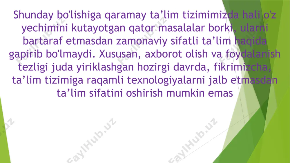 rtishiga xizmat qiladi. hozirgi vaqtda bunga telegram kanallari orqali amalga oshirilayotgan ta’limni misol sifatida keltirish mumkin. bu kanallar orqali o'zlashtirish ko'p vaqt talab etadigan bilimlar qisqa muddatda yetkazib berilmoqda xulosa sifatida aytish mumkinki raqamli texnologiyalarni ta’lim tizimiga joriy etilishi mamlakat ta’lim tizimini modernizatsiya qilishda katta rol o'ynaydi. zamonaviy ta’limni tashkil etish va ta’lim samaradorligini ortishiga xizmat qiladi. aynan zamonaviy raqamli ta’lim tizimining tashkil etilishi o'z navbatida kelajak avlodning bugungi raqamli dunyoda o'ziga xos o'rin topishiga xizmat qiladi. raqamli ta’limning to'g'ri tashkil etilishi raqamli iqtisodiyotning rivojlanishi uchun yetarli darajada asos bo'lib xizmat qiladi. shu bilan birga jaxon hamjamiyatida davlatimizning muhim o'rin egallashimizni ta’minlaydi virtual ta’lim texnologiyasi yordamida o‘qitish metodikasini shakllantirish talabalar an’anaviy usuldagi har qanday ta’limga qaraganda ancha boy va murakkabroq bo’lgan yangi aloqa vositalari tomonidan yaratilgan “o’ziga xos” bilim maydonida yashaydilar. axborotlashuv ustuvorliklarining paydo bo„lishi bilan virtual ta’lim asta-sekin o’z-o’zini tarbiyalashga qaytishi mumkin. multimedia ta’lim mahsulotlarini joriy etish nafaqat ta’lim …