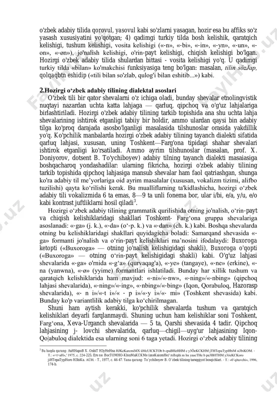 »da) o‘zak va qo‘shimchadagi unlilar lablanmagan, ikkinchisida («ker+yp» da) esa o‘zak va qo‘shimchadagi unlilar lablangandir. demak, ikkinchi misolda unlilar lab garmoniyasi qonuniyati asosida uyg'unlashgan; 2) hozirgi o‘zbek adabiy tilida singarmonizm o'z mavqeyini ancha yo'qotgan. qiyos qiling: koplyriyz (eski o‘zbek tilida) — ko‘nglingiz (hozirgi o'zbek adabiy tilda), koryp (eski o'zbek tilida) — ko‘rib (hozirgi o'zbek adabiy tilida) kabi. izoh: singarmonizm qonuniyati hozirgi paytda qipchoq va o'g'uz dialektlariga mansub o'zbek shevalarida saqlangan: olgan (adabiy tilda) — alg‘an (qipchoq lahjasi shevalarida), borgan (adabiy tilda) — barg'an (qipchoq lahjasi shevalarida), kelgan (adabiy tilda) — kelgen (qipchoq lahjasi shevalarida), o‘ttiz (adabiy tilda) — ottuz (qipchoq lahjasi shevalarida), uyimga (adabiy tilda) - yyymo (o'g'iz lahjasi shevalarida) kabi. 4. tilning lug‘at boyligida: 1) qadimgi turkiy tilda fors-tojik va arab so'zlari bo'lmagan. eski turkiy tilda fors-tojik va arab so'zlari qo'llana boshlagan, eski o'zbek tilida bunday o'zlashmalar ancha ko'paygan: gul, gavhar, guruch, go‘r (fors- tojik so'zlari), madrasa, oila, fikr, …