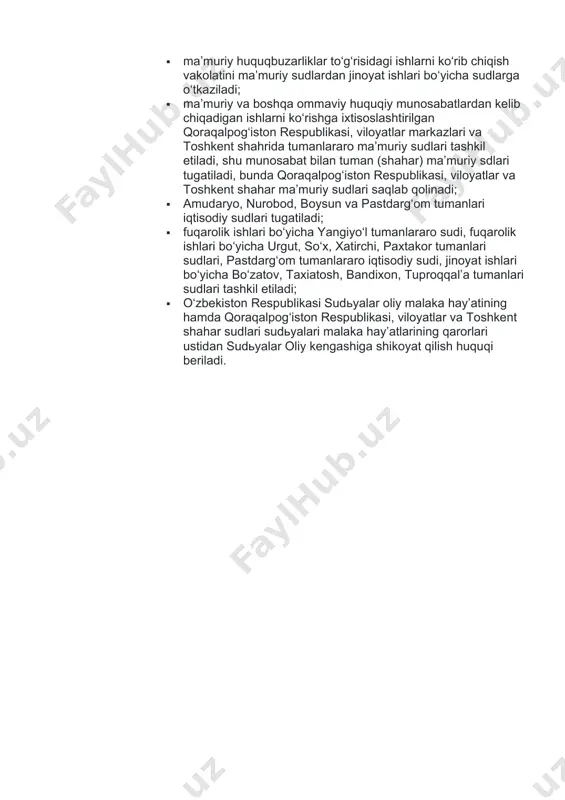 ov, taxiatosh, bandixon, tuproqqal’a tumanlari sudlari tashkil etiladi; · o‘zbekiston respublikasi sudьyalar oliy malaka hay’atining hamda qoraqalpog‘iston respublikasi, viloyatlar va toshkent shahar sudlari sudьyalari malaka hay’atlarining qarorlari ustidan sudьyalar oliy kengashiga shikoyat qilish huquqi beriladi. image1.jpeg