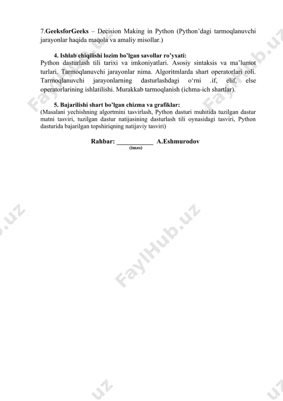 , algoritmik yechimlar, foydalanuvchi bilan muloqot qiluvchi ilovalarda muhim ahamiyat kasb etadi. masalan, foydalanuvchi yoshiga qarab tizimga kirish huquqini berish yoki baholash tizimida to‘plangan ball asosida baho qo‘yish — bularning barchasi shartli tarmoqlanish asosida quriladi. mavzuning maqsadi: ushbu kurs ishining asosiy maqsadi — python dasturlash tilida tarmoqlanuvchi jarayonlarning ishlash prinsiplarini o‘rganish hamda amaliy masalalar orqali ularni dasturda to‘g‘ri va samarali qo‘llashni o‘rgatishdan iborat. mavzuning dolzarbligi: bugungi raqamli asrda dasturlash sohasining ahamiyati tobora ortib bormoqda. turli sohalarda, jumladan ta’lim, sog‘liqni saqlash, moliya, sanoat va axborot texnologiyalarida avtomatlashtirilgan tizimlar, mobil va veb-ilovalar, sun’iy intellekt asosida ishlovchi dasturlar keng qo‘llanmoqda. bunday tizimlarni yaratishda qaror qabul qilish, ya’ni tarmoqlanuvchi jarayonlarni to‘g‘ri dasturlash muhim o‘rin tutadi.python dasturlash tili esa o‘zining soddaligi, kuchli funksional imkoniyatlari va universal qo‘llanilishi bilan hozirgi kunda eng ko‘p talab qilinadigan tillardan biri hisoblanadi. ayniqsa, python tilida shartli operatorlar yordamida tarmoqlanuvchi jarayonlarni ifodalash imkoniyati uni ta’lim jarayonida ham, real loyihalarda ham juda …