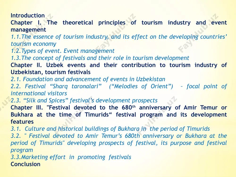 udy timurids dynasty and their period, social – political , cultural life of bukhara in the xiv – xv centuries, moreover study historical monuments reconstructed being preserved to our days, thus use marketing measures to commerce the festival program. the tasks of research work event tourism event tourism is a systematic planning, development, and marketing of festivals and special events which will serve as a catalyst for infrastructure and economic growth. derivation of first arranged events goes far as the ninetieth of the xx century, with the establishment of event management organizations. typology of planned events cultural celebrations business and trade educational and scientific political and state private events sport competition art and entertaiment festivals are organized in order to answer the specific needs of a community and in the same time to offer entertainment for participants and also visitors. they will focus on cultural and specifically ethnic topics. festivals …