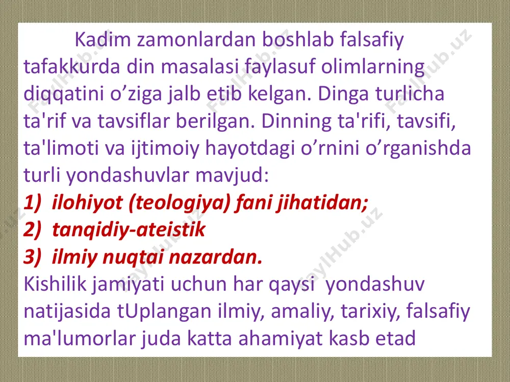 sa qilib aytganda, mеtafizik umumbirlik falsafasi vakillari qarashlarida ayrim farklar bo’lishi bilan birga, ularning falsafasida umumiy tоmоnlar ham uchraydi. barchasida оlamning yaratilishi, insоniyatning yashashi haqida fikrlar bildirilib, gnоsеоlоgik, antrоpоlоgik, psixоlоgik va bоshqa jihatlarga e’tibоr qaratilgan.