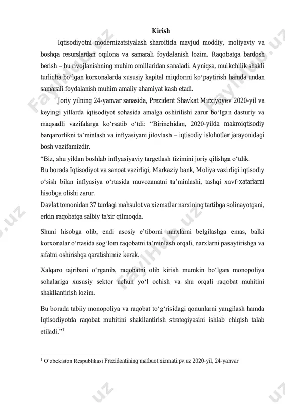 aoliyatini yo‘lga qo‘yishda o‘ta muhim masala hisoblanadi. xususiy kapital tushunchalariga ta’riflar o‘zbekiston respublikasi moliya vazirligi tomonidan tasdiqlangan “moliyaviy hisobotni tayyorlash va taqdim etish uchun konseptual asos”da hamda “hisob siyosati va moliyaviy hisobot”da keltirilgan2. xususiy kapital (sarmoya) – subyektning majburiyatlarni chegirib tashlagandan keyingi aktivlaridir. subyekt majburiyatlari – subyekt (qarzdorning) boshqa subyekt (kreditor) foydasiga muayyan ishni amalga oshirish, masalan, mol-mulkni topshirish, ishni bajarish, pul to‘lash va boshqa majburiyatlaridir yoxud muayyan xatti-harakatdan tiyilib turish majburiyatidir, kreditor esa qarzdordan o‘z majburiyatlarini bajarishini talab qilishga haqlidir. aktivlar – subyekt nazorat qiladigan, kelgusida ulardan daromad olish maqsadida avvalgi faoliyat natijasida olingan iqtisodiy resurslardir. demak yuqoridagi ta’rif va tasniflashdan quyidagi bog‘lanishni berib o‘tish mumkin: xususiy kapital (xk) = aktivlar (a) – majburiyatlar (m) buxgalteriya balansidagi xususiy kapitalning miqdori aktivlar qiymatini va majburiyatlarni baholashga bog‘liqdir. 21998 yil 26 iyulda 17-07/86-son bilan tasdiqlangan “moliyaviy hisobotni tayyorlash va taqdim etish uchun kontseptual asos” hamda “hisob siyosati va moliyaviy hisobot”da o'zbekiston …