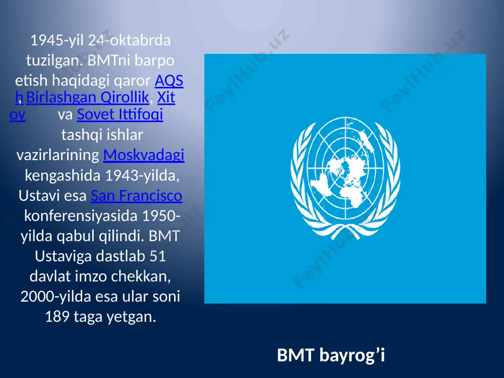 qurgʻoqchilik, zilzila, fuqarolar mojarosi, bir soʻz bilan aytganda — nima boʻlmasin, — har doim u odamlarning qurbon boʻlishiga, xalqlarning aralashib ketishiga, butun-butun jamoalarning oʻz yashash imkoniyatlarini oʻz kuchlari bilan taʼminlay olmay qolishlariga olib keladi va juda katta qiyinchiliklar tugʻdiradi. mustaqillikka erishgan o‘zbekiston 1992 yilning 2 martida bmt a‘zosi bo‘lgandi. image1.png image2.png image3.png image4.png image5.png image6.png image7.png image8.png image9.png image10.png image11.png image12.png image13.png image14.png image15.png image16.png /docprops/thumbnail.jpeg