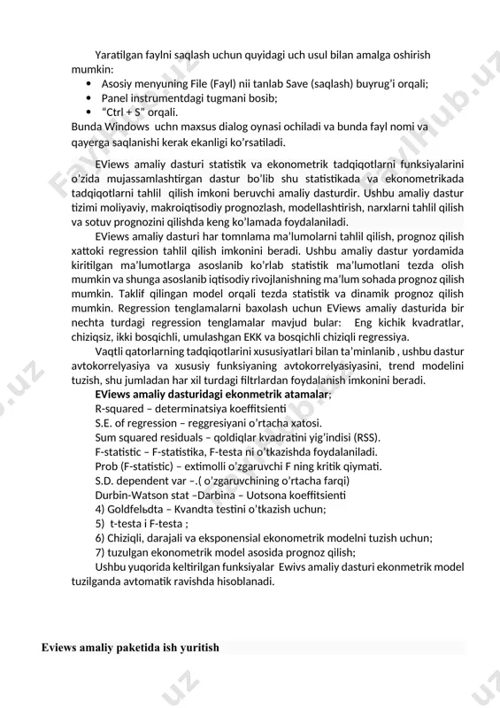ni boshlanish va tugash davri kiritiladi. keyingi bosqichlarida foydalanuvchiga kerak bo’lgan amallarni bajarsa bo’ladi. masalan ekonmetrik modelni tuzish uchun va korrelyatsiyani topish uchun quick qatoridan group statistics tanlanadi va shundan correlation tanlab olinadi (10.6-rasm). chiziqli regressiya modeli tuzish uchun quick qatorini estimate equation bandi tanladi va ma’lumotlarni nomi kiritiladi. 10.4-rasm: work file yaratish. 10.5-rasm: ma’lumotlarni dasturga yuklash. 10.6-rasm. korrelyasiya koeffitsientini hisoblash. 10.7-rasm: chiziqli regressiya modelini tuzish. 3. eviews dasturida iqtisodiy masalalarning qo’llanilishi ma’lumotlar eviews amaliy dasturida tezda va sifatli taxlil qilish imkonini beradi. (masalan 10.1-rasmda mahaliy avtomobillarni ishlab chiqarishini narxga bo’lgan bog’liqligi tasvirlangan) 10.8-rasm:skaterplot hamma tanlangan ia’lumotlarni tasnifini tuzda olish imkonini beradi: 10.9-rasm: sonlarning tasnifi eviews amaliy dasturida vaqtli qatorlarni har xil turdagi masalasini yechish mumkin. misol tariqasida additiv model qatori masalasi ko’ramiz. birinchi navbatda vaqtli qator grafigini tuzamiz. keyin esa trend va mavsumni tanlayiz.shunday qilib,mavsum va trend o’chirib tashlangandan so’ng neft qazib olish ko’rsatkichlari quyidagi rasmdagi grafik ko’rinishiga keladi. …