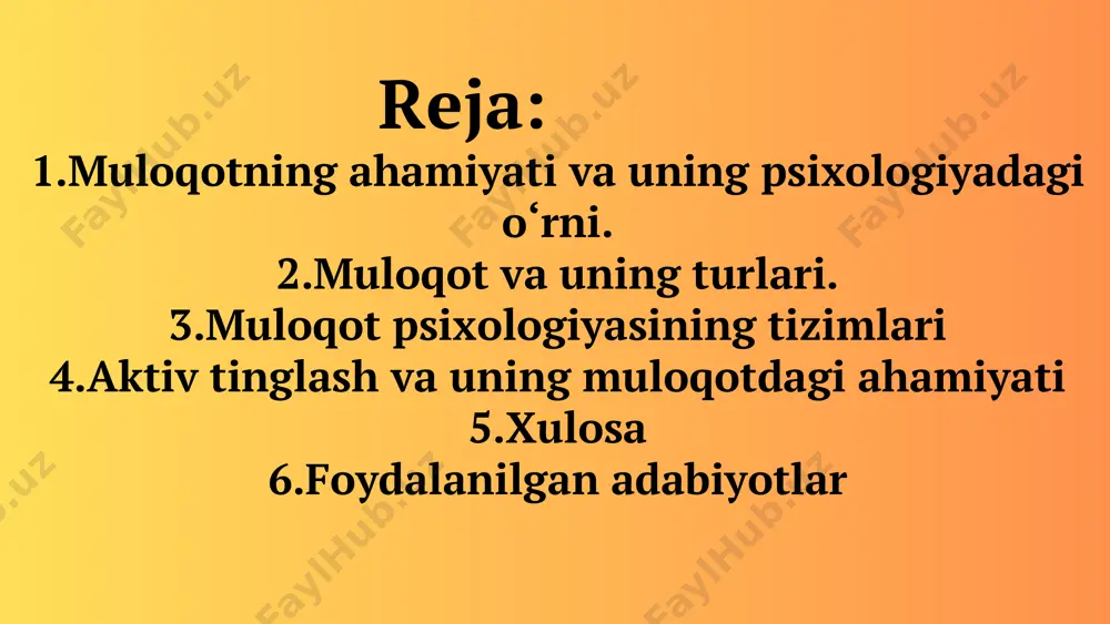 talqin qilish. ijtimoiy to‘siqlar — madaniy yoki ijtimoiy farqlar, gender farqlari yoki kommunikatsiya to‘siqlari. muloqotda turli psixologik to‘siqlar yuzaga kelishi mumkin. bular: muloqotdagi psixologik to‘siqlar muloqotda hissiy intellektning roli hissiy intellekt (eq) muloqotda muhim ahamiyatga ega. bu shaxsning o‘z hissiyotlarini anglash, boshqalarning hissiyotlarini tushunish va ular bilan samarali aloqada bo‘lish qobiliyatidir. hissiy intellekt muloqotda to‘g‘ri javoblarni taqdim etishda va boshqalar bilan ijtimoiy aloqalarni mustahkamlashda yordam beradi. aktiv tinglash va uning muloqotdagi ahamiyati aktiv tinglash — bu muloqot jarayonida to‘liq diqqatni tinglanayotgan shaxsga qaratish, uning fikrlarini tushunishga harakat qilish va ularni aks ettirishdir. bu jarayon muloqotning samaradorligini oshiradi, chunki odamlar o‘z fikrlarini anglaganliklarini his qilishadi va bu o‘zaro ishonchni rivojlantiradi. ziddiyatlar, muloqot jarayonida odamlar o‘rtasidagi manfaatlar yoki qarashlar to‘qnashuvi natijasida yuzaga keladi. muloqotda ziddiyatlarni hal qilishning samarali usullari: muvofiqlashtirish — tomonlar o‘rtasidagi qarama-qarshilikni hal qilish uchun kompromisslar topish. muzokara — ziddiyatni hal qilish uchun ikki tomonning ochiq suhbatlashishi. muloqotda ziddiyatlar va …